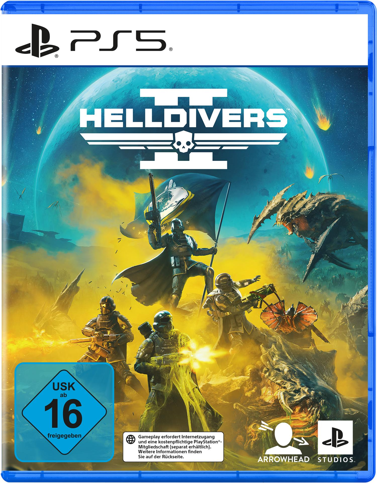 Spielcover: Hell divers 2, Soldaten kämpfen gegen Aliens, blauer und oranger Himmel, PS5 Logo.