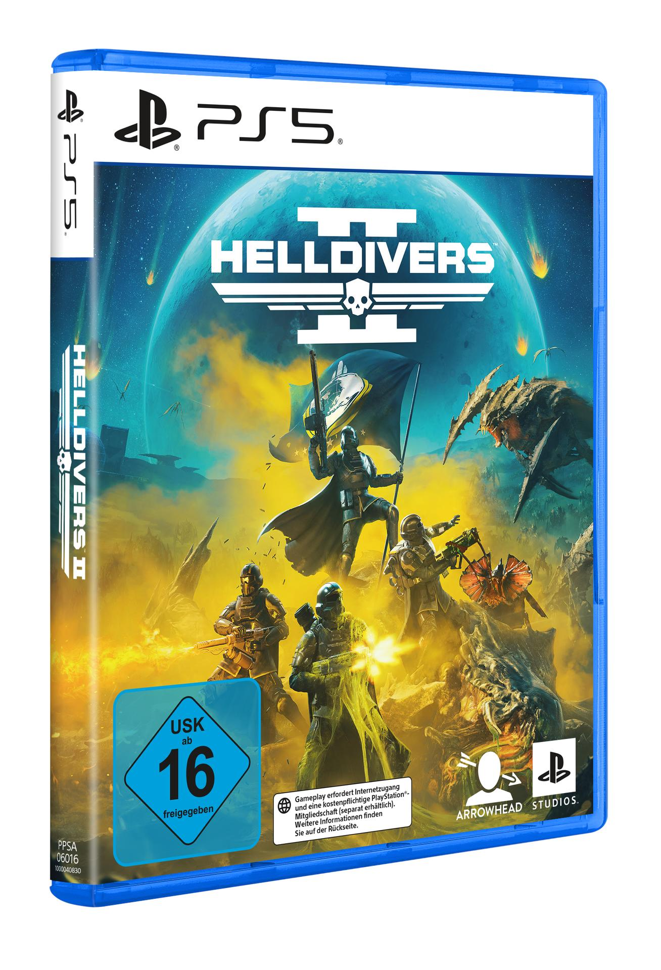 PS5-Spielbox für Helldivers 2, mit Spielgrafik und Bewertung auf blauem Hintergrund.