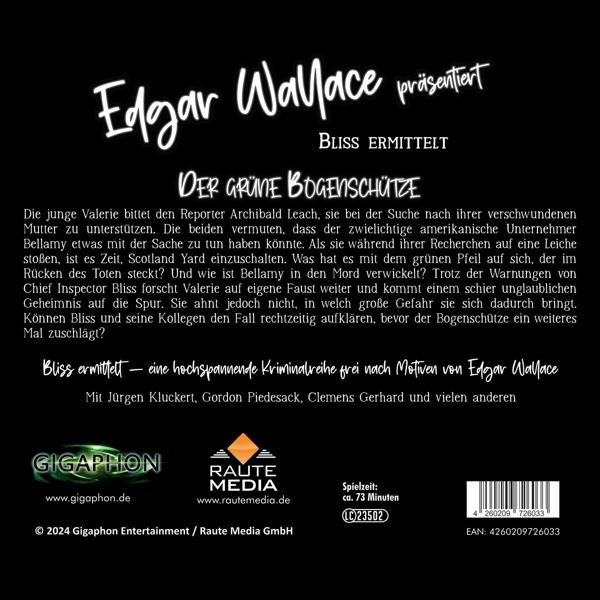 Buchcover für 'Bliss ermittelt'. Text auf Deutsch, mit Autor Edgar Wallace und einem grünen Titel.
