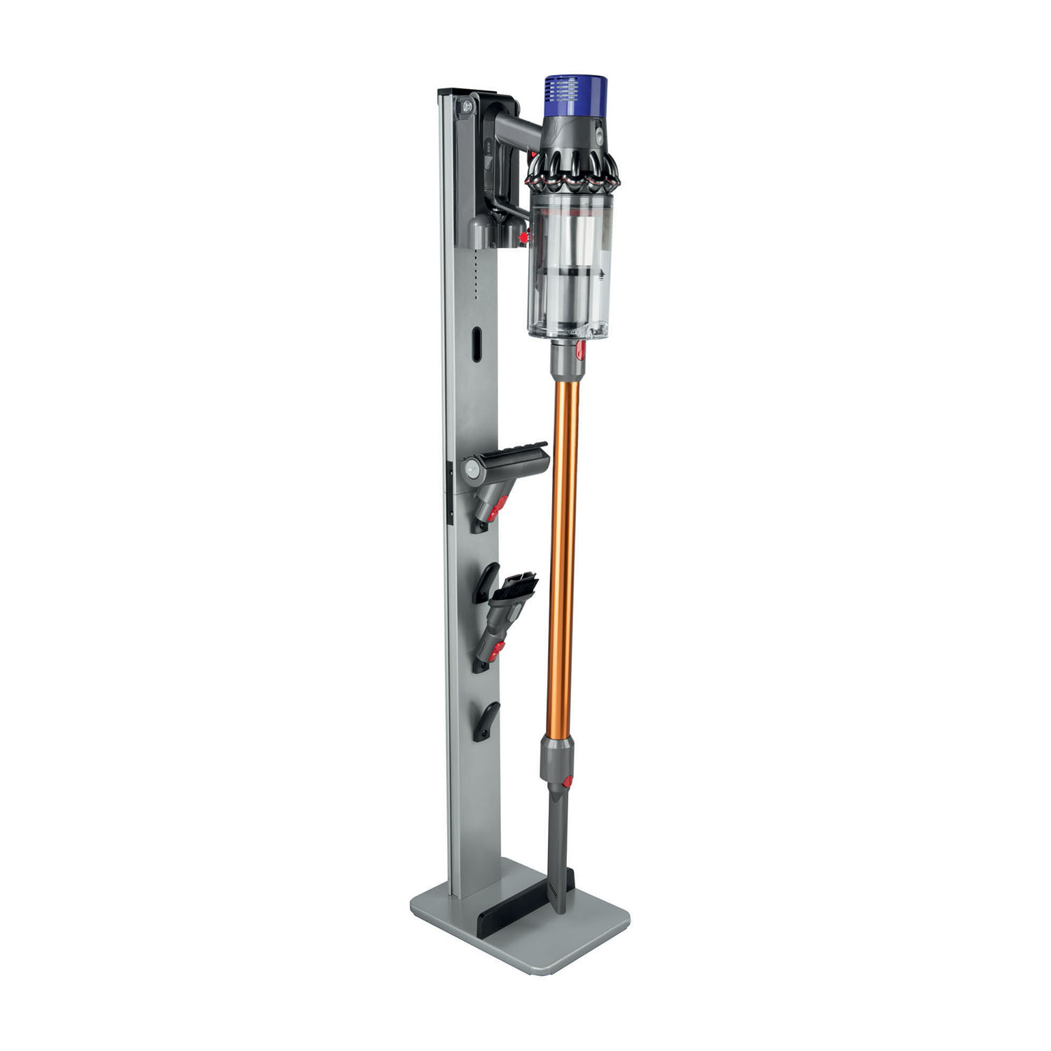 Aspirapolvere Dyson e supporto. Arancione e argento.