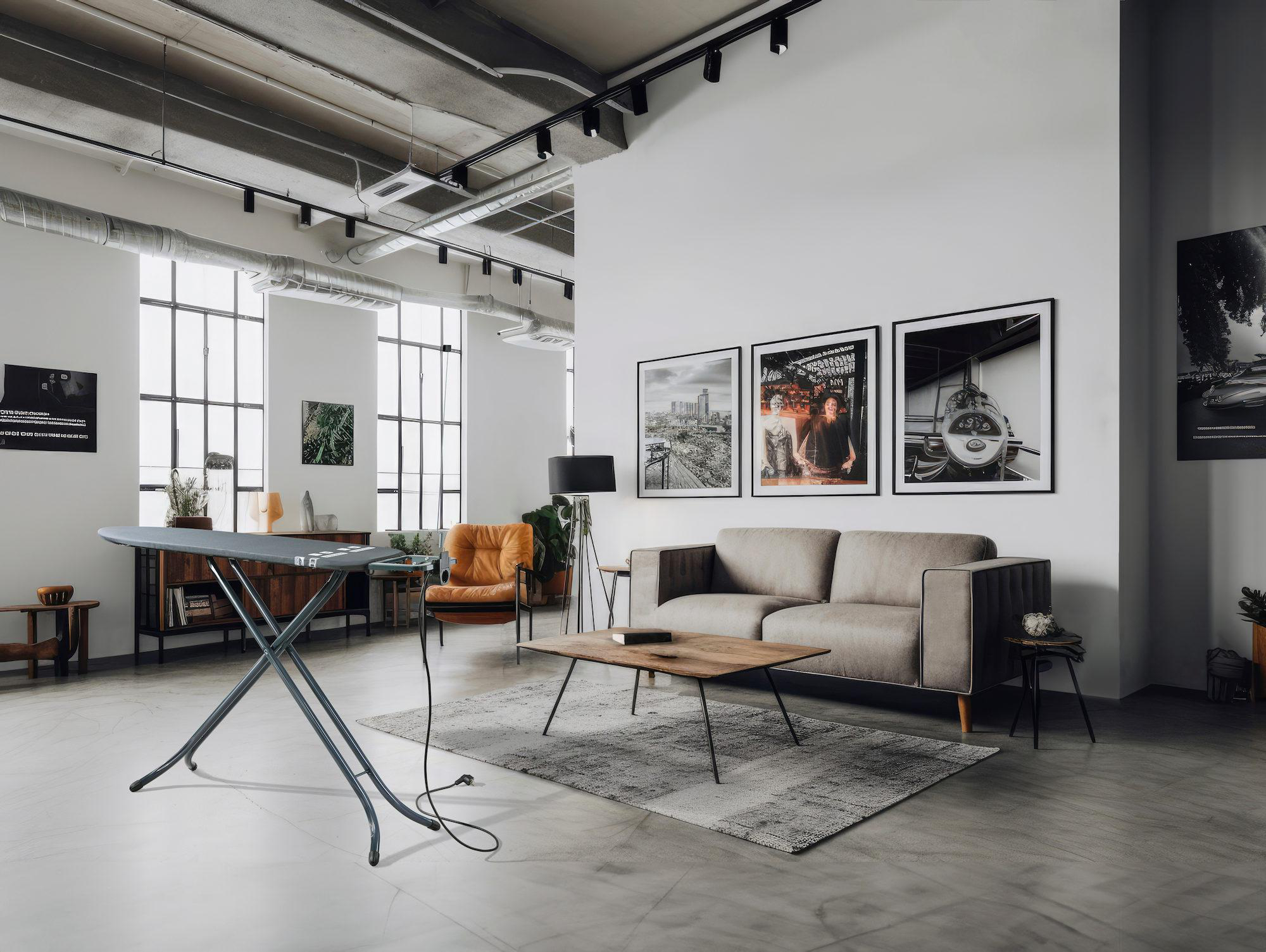 Wohnzimmerszene mit Sofa, Tisch und Bügelbrett.