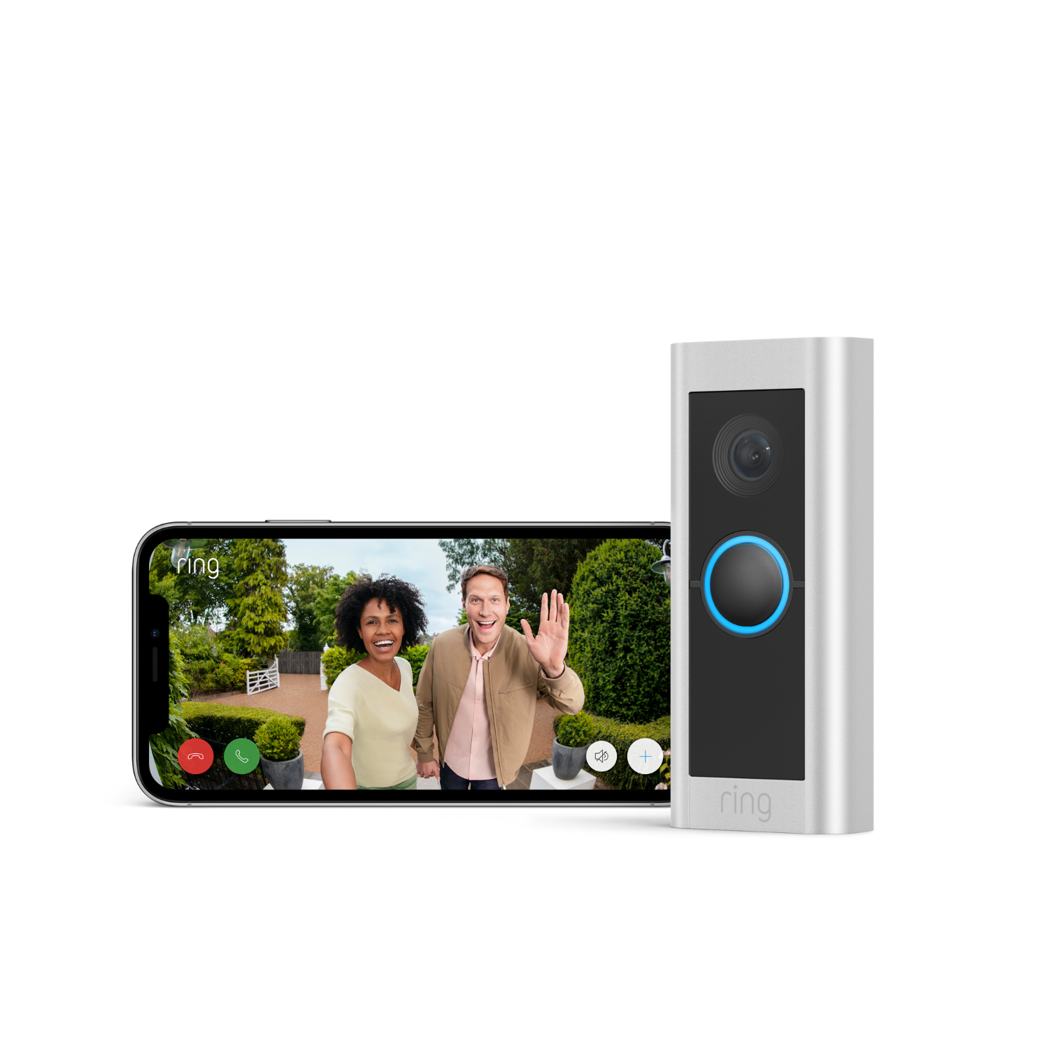 Ring deurbel en telefoon die mensen toont die zwaaien. Groene achtergrond.