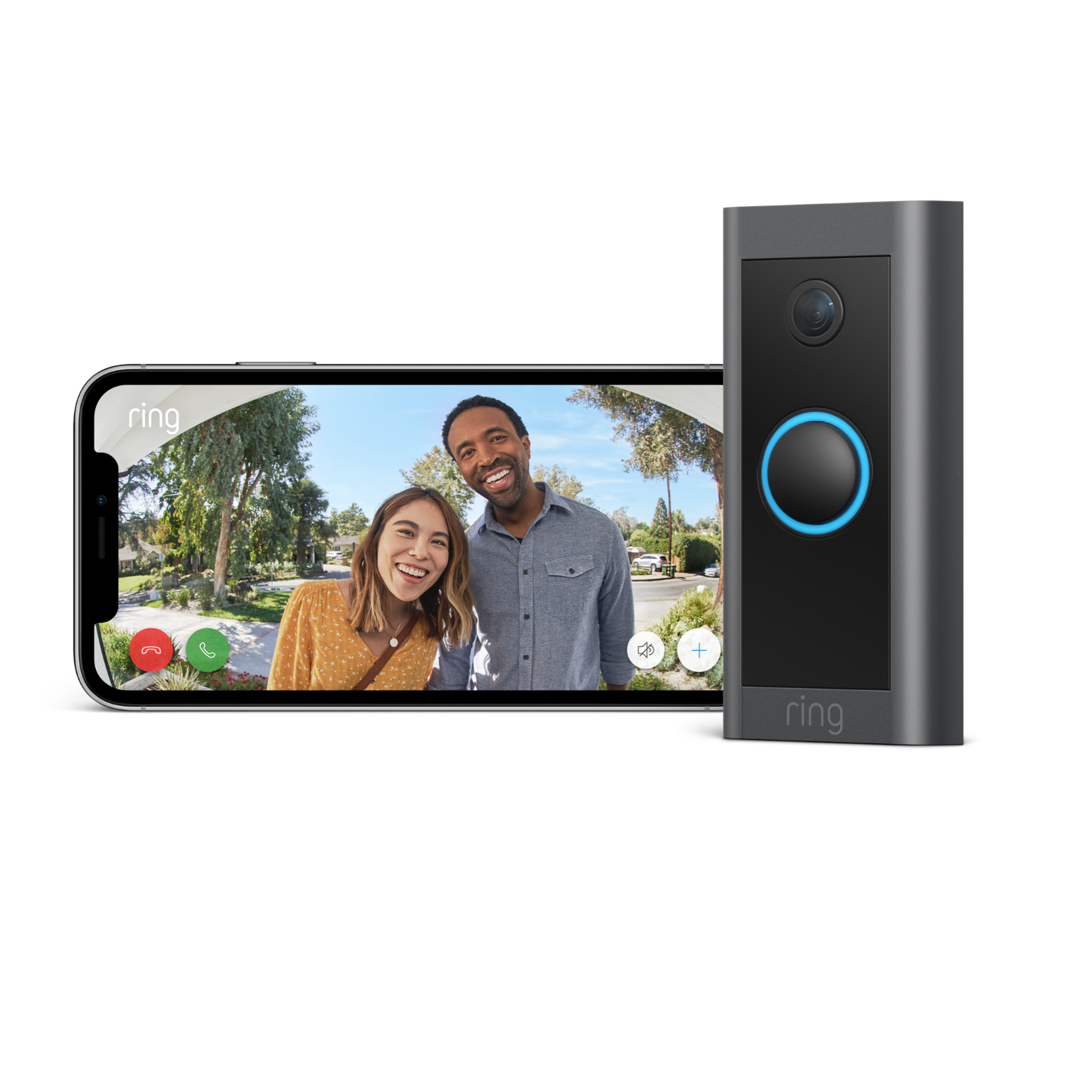 A smartphone displaying a video call with a smiling couple on a porch. A Ring doorbell is visible.