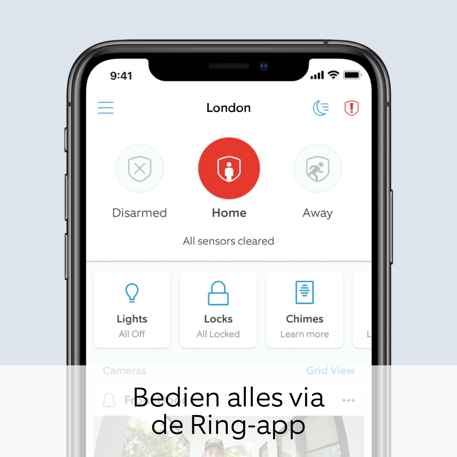Smartphone app interface showing home security system controls.