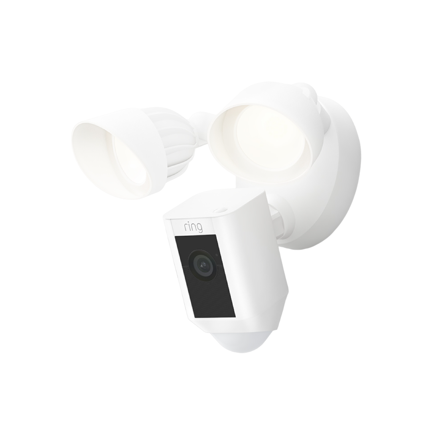 A white security floodlight with a camera, angled against a black background.