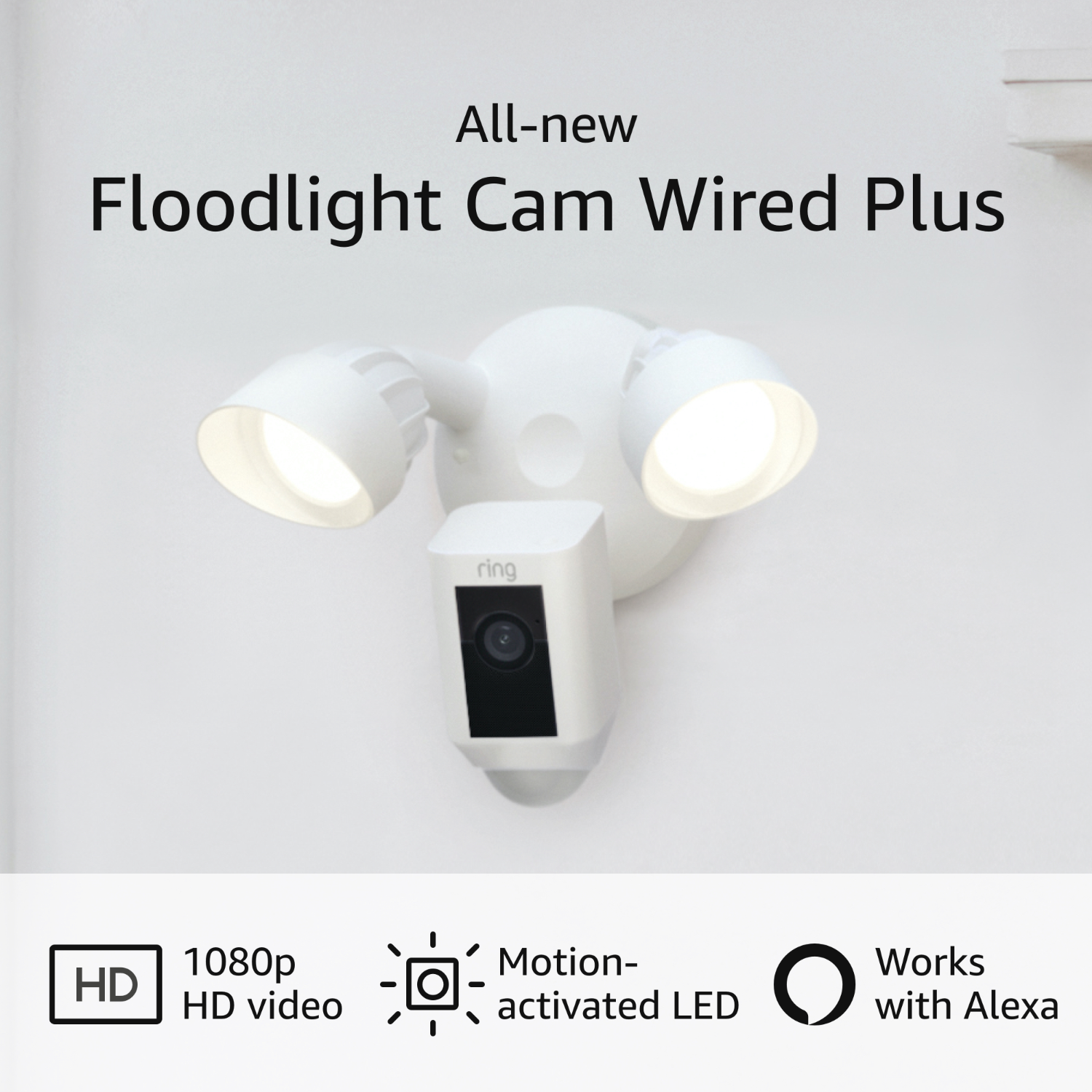 White Ring Floodlight Cam Wired Plus, mounted on a wall, with lights and camera.