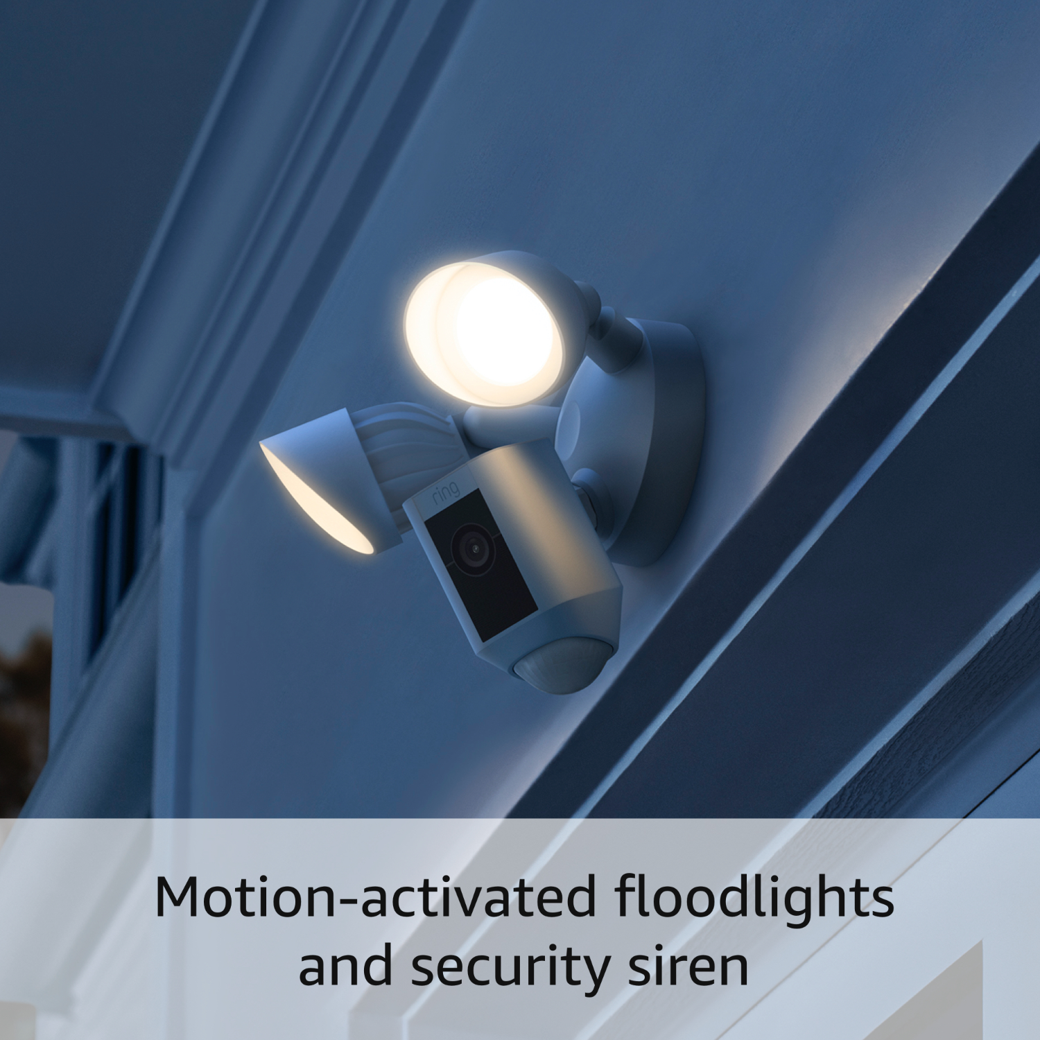 Two security lights on a wall, with the brand name 'Ring' visible.