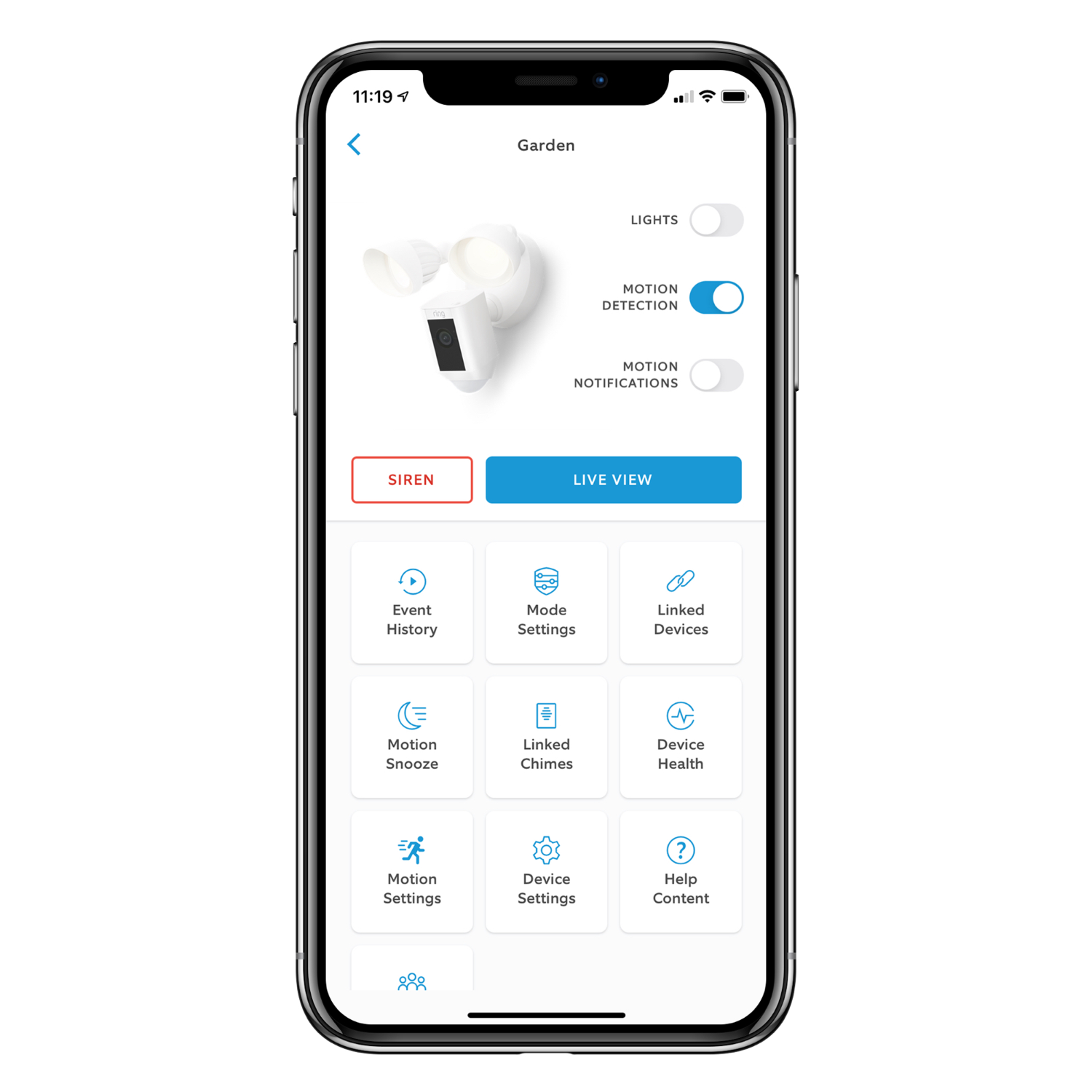 Smartphone screen showing a Ring app interface. Options for lights, motion detection and notifications.