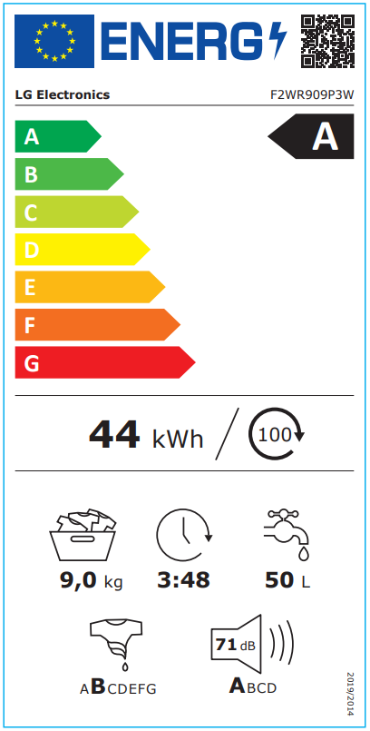 Egy energia cimke, ami egy mosógép hatékonyságát mutatja.