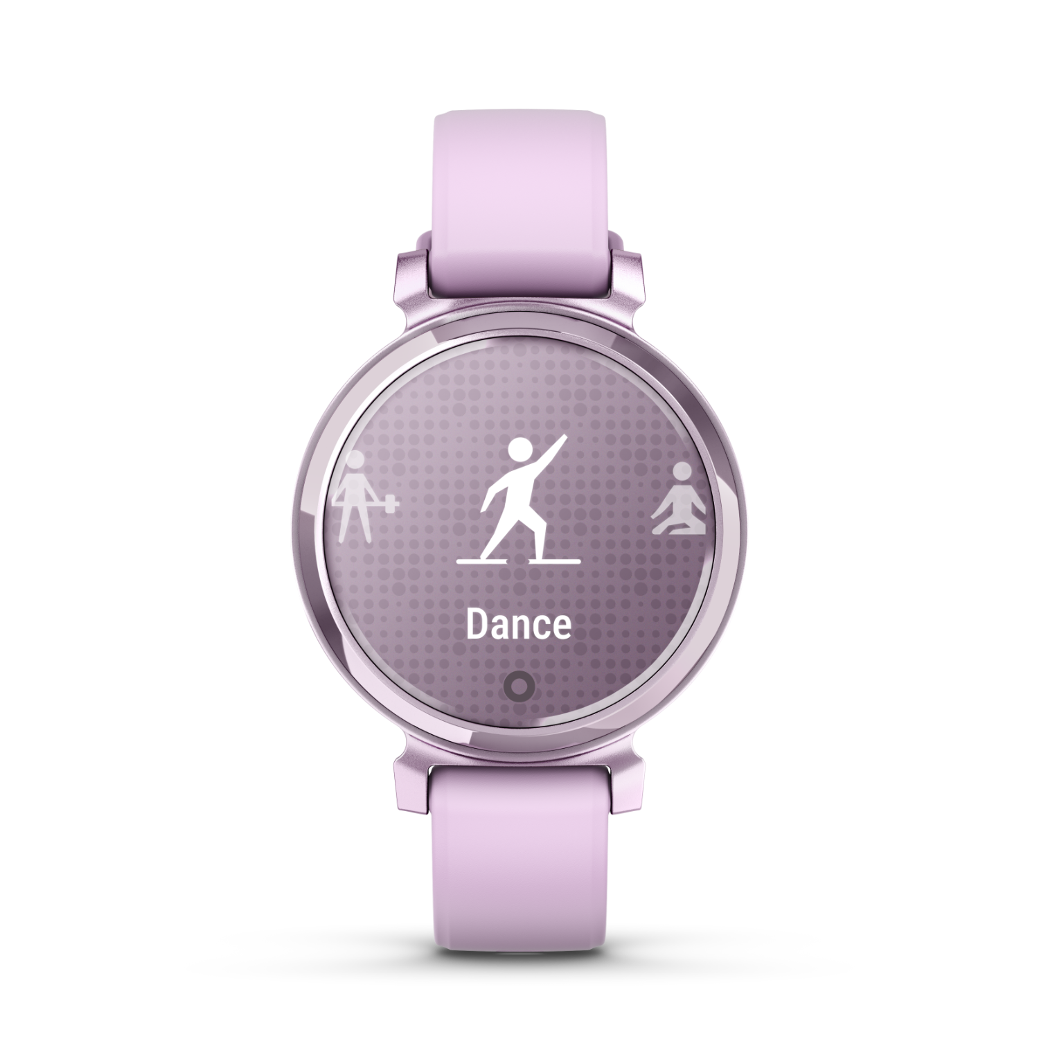 A lilac smartwatch with a dance icon on the screen.