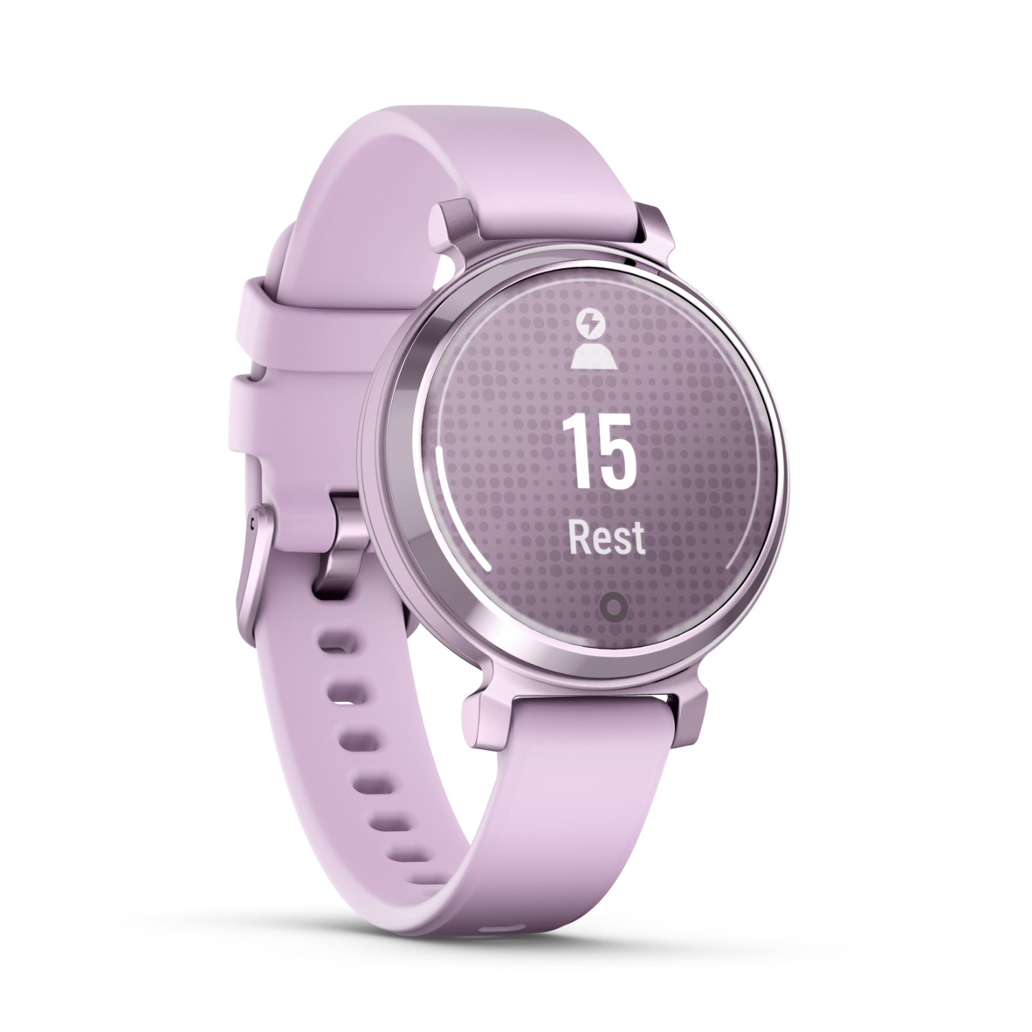 A purple smartwatch displays '15 Rest.' The watch has a purple band and a silver bezel.
