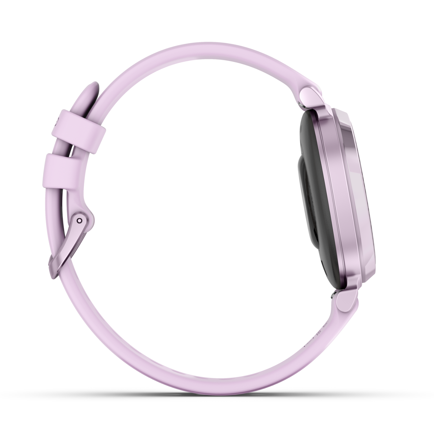 A side view of a light pink smartwatch with a matching pink band, showing the watch face.