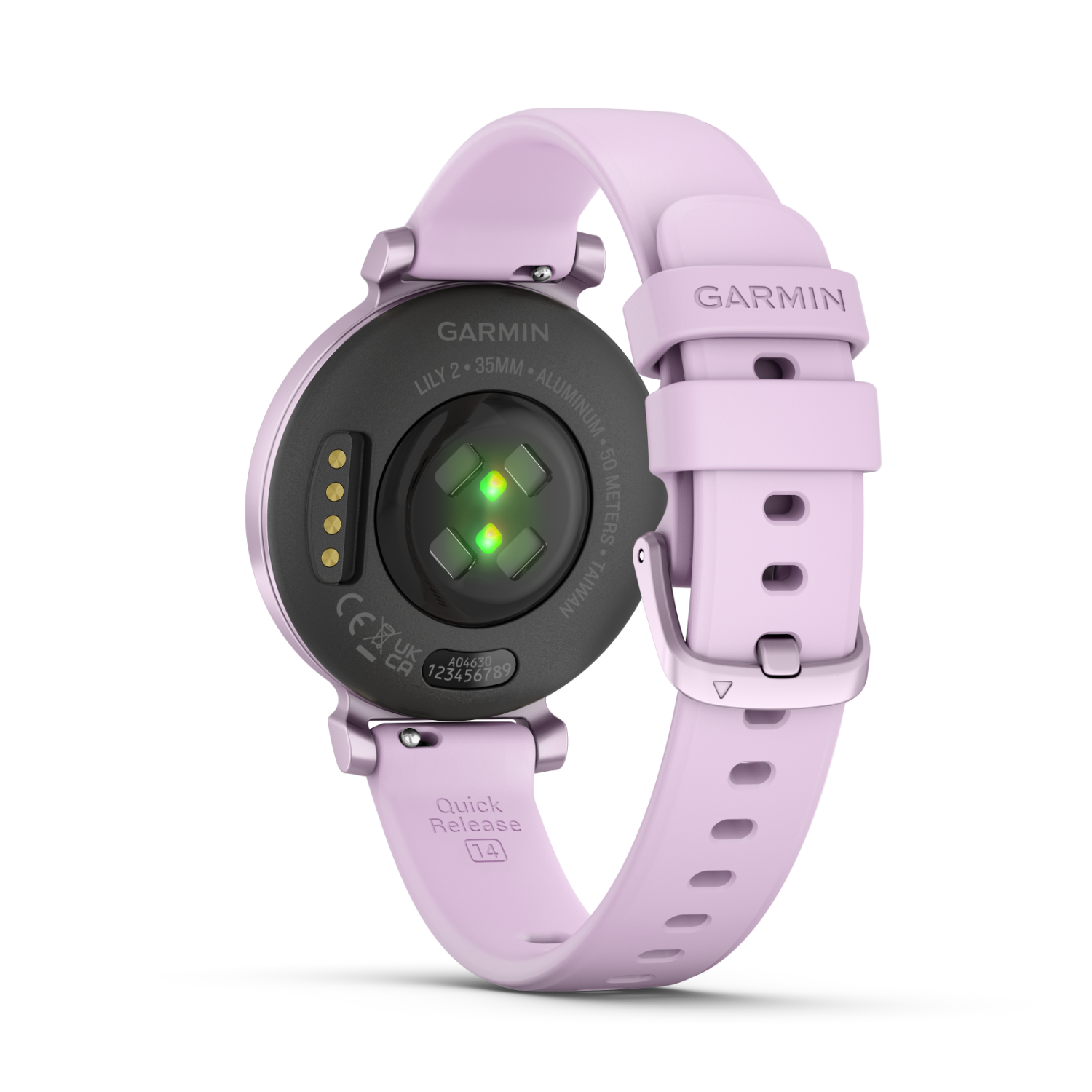 A pink Garmin Lily 2 smartwatch. The back shows sensors and the band is fastened.