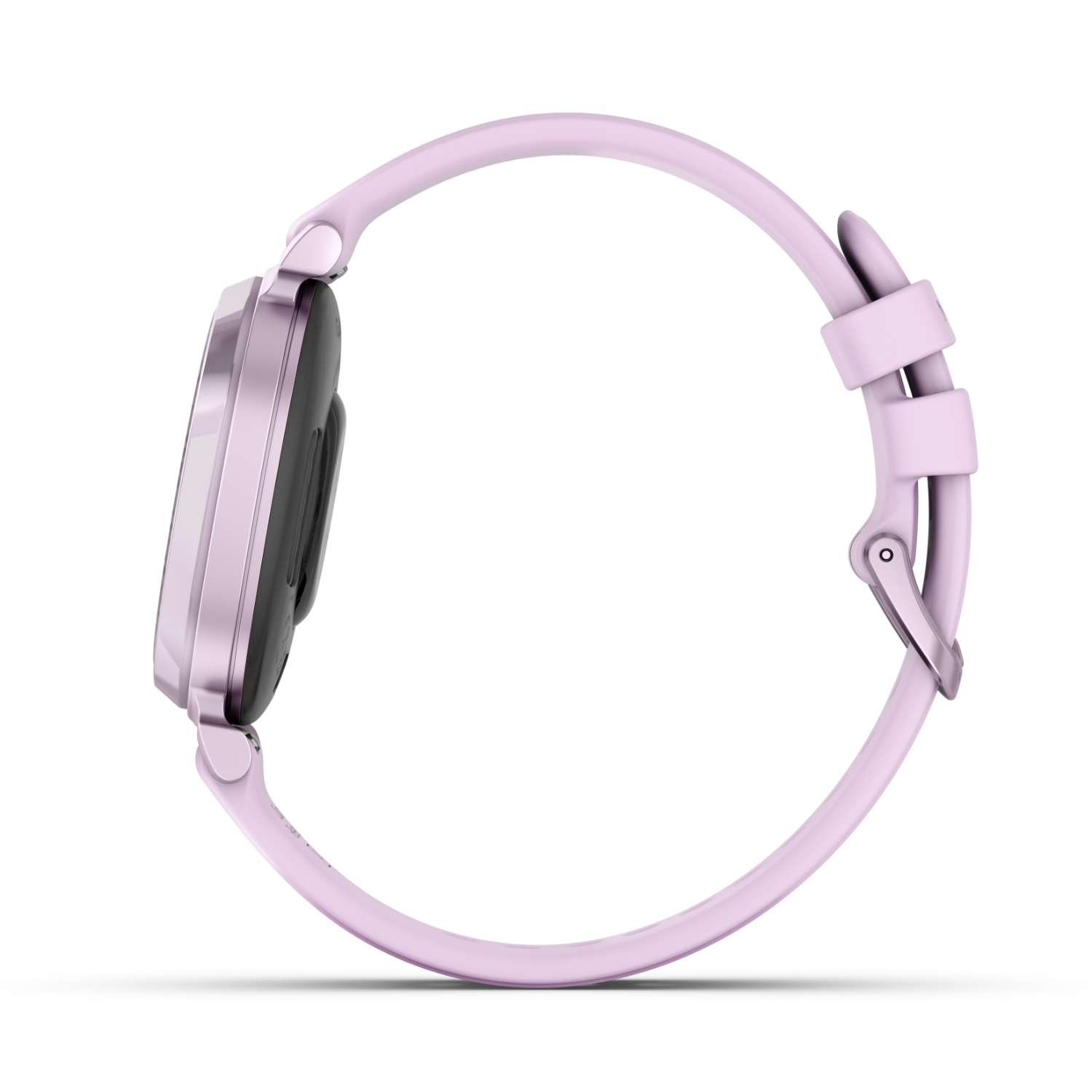 Pink smartwatch, side view, on black background.