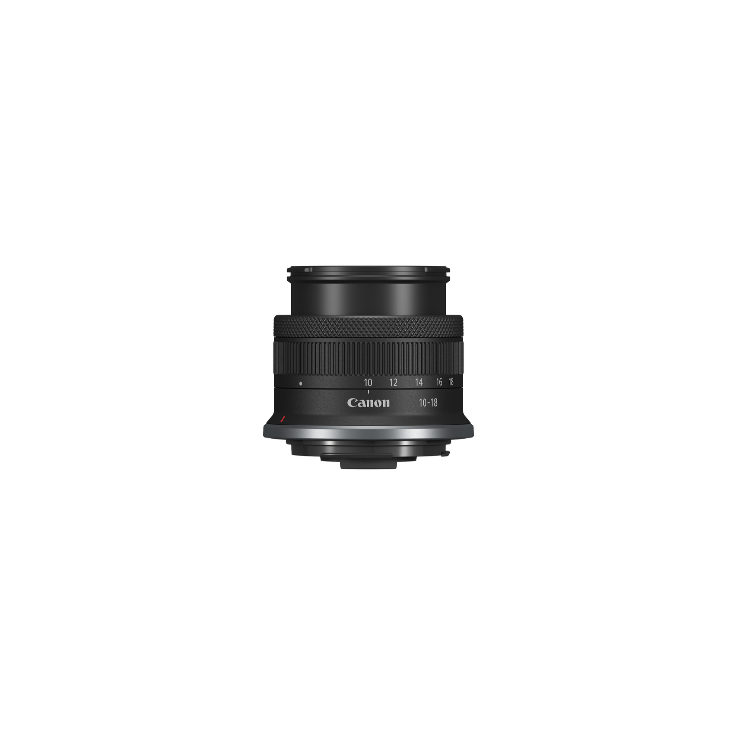 A black Canon camera lens with markings, against a white background.
