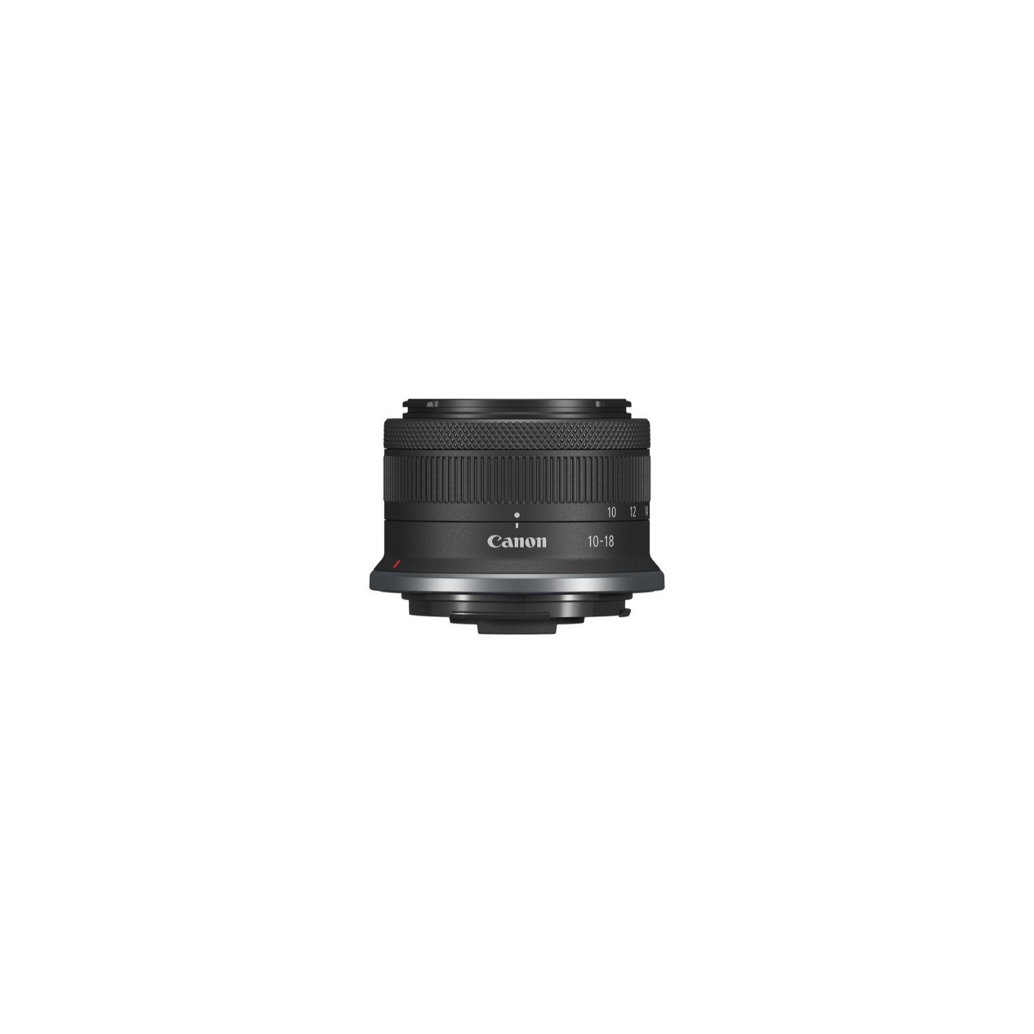 Black Canon lens, front view. 10-18mm markings, Canon logo visible.