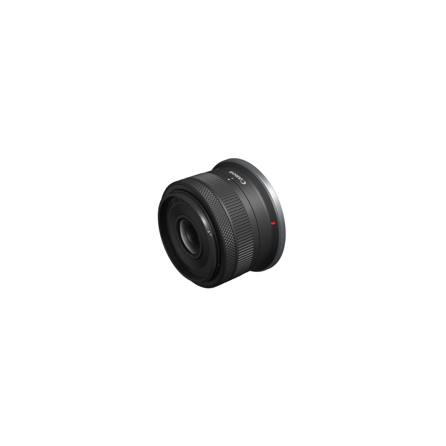 Canon lens on white background, angled view, black body, silver ring, and black lens details.