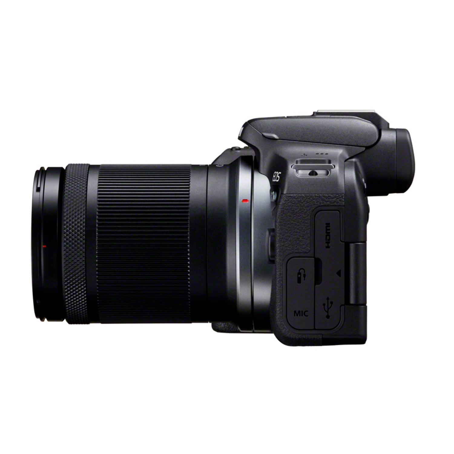 A black camera with a lens attached. The camera is on a black background.