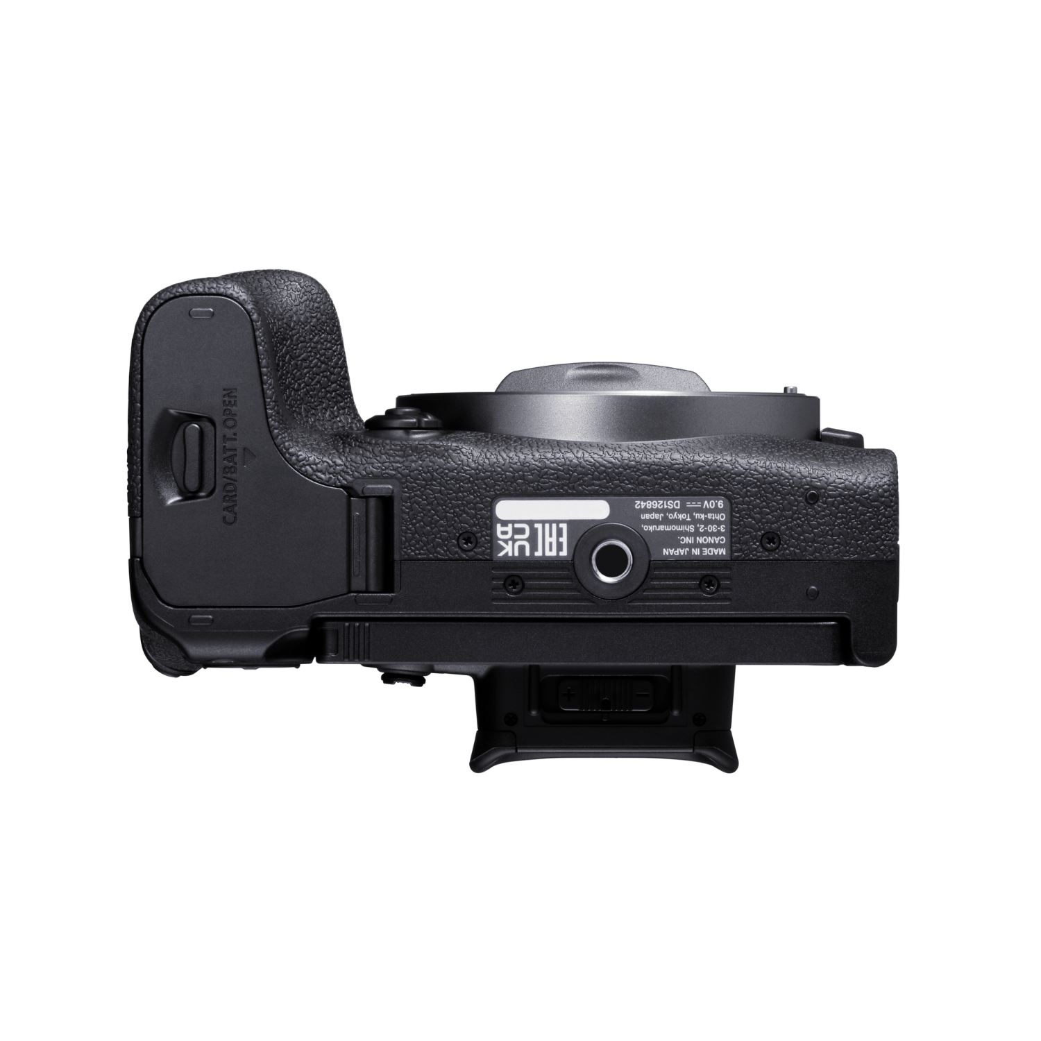 A black camera with the card/battery door open, showing details of the bottom panel. Top view.