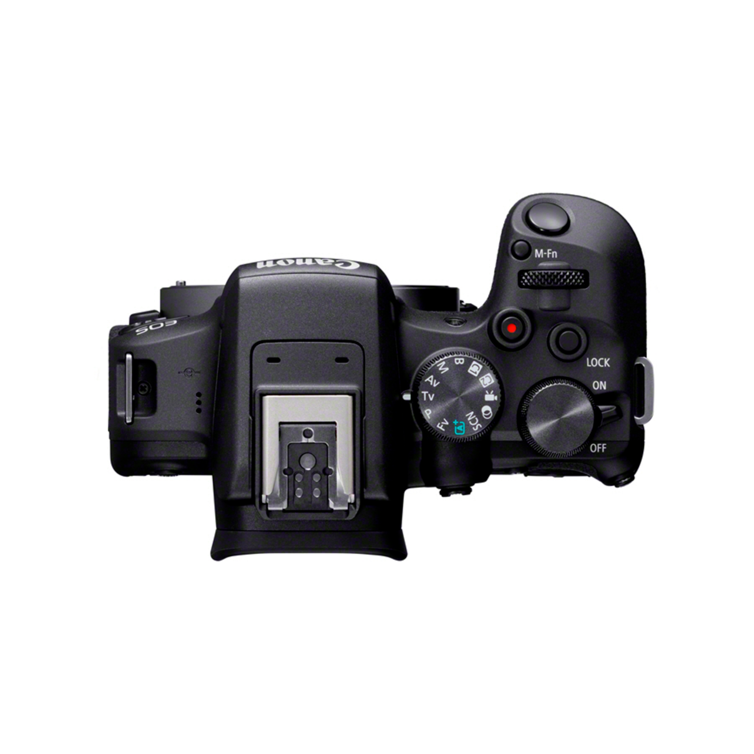 Overhead view of a black camera with buttons and settings visible.