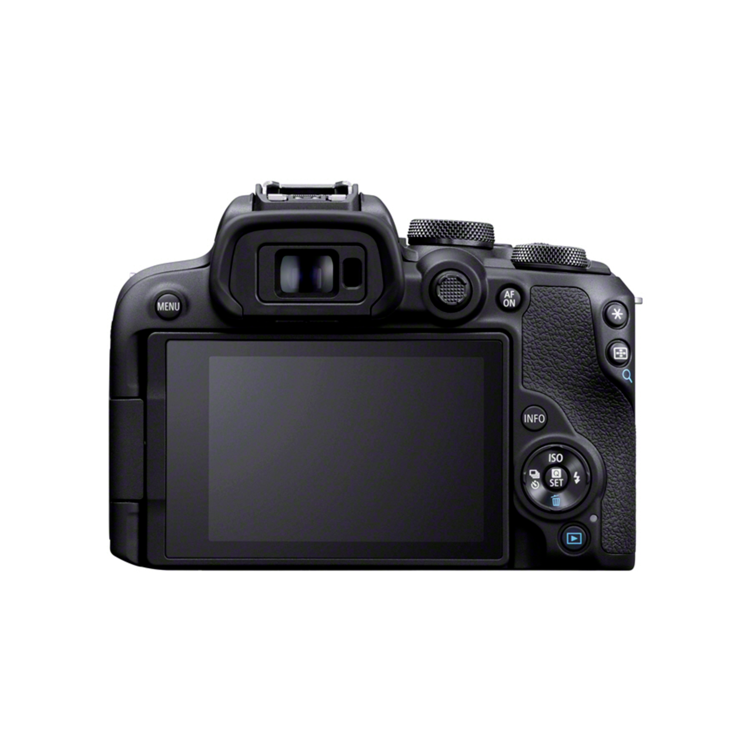 Black camera back showing screen, buttons, and dials on black background.