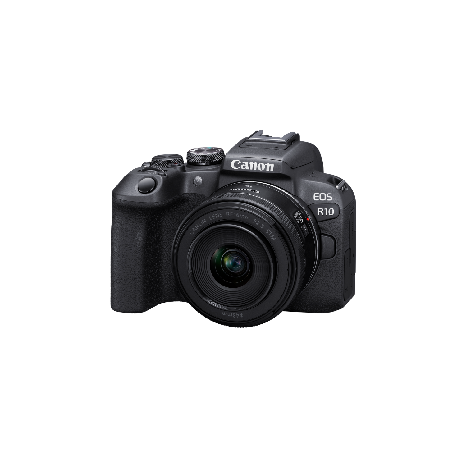 Black Canon EOS R10 camera with lens. Black background.