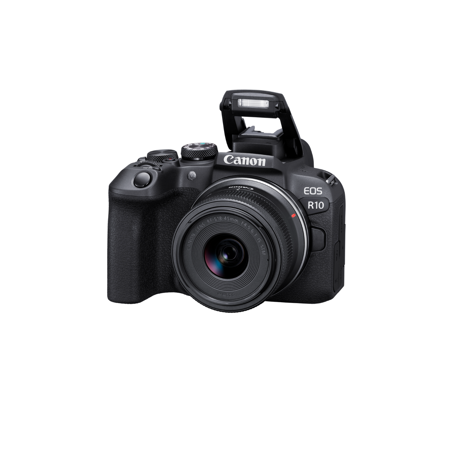 Canon EOS R10 camera, black body with a lens and a flash. White background.