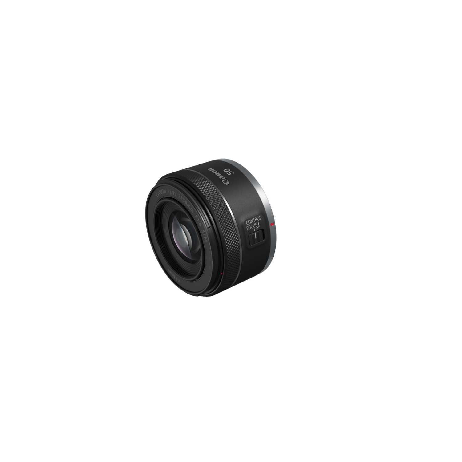 A black Canon 50mm camera lens with a control switch and Canon branding, on a white surface.