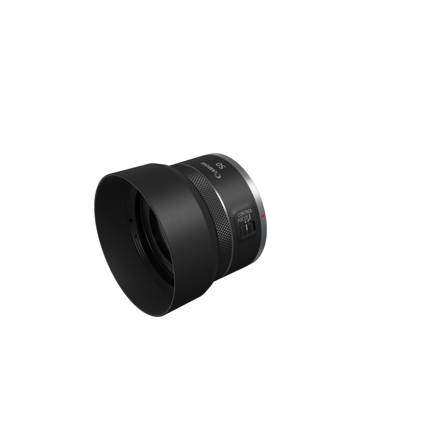A Canon lens with a lens hood. The lens has a control switch.