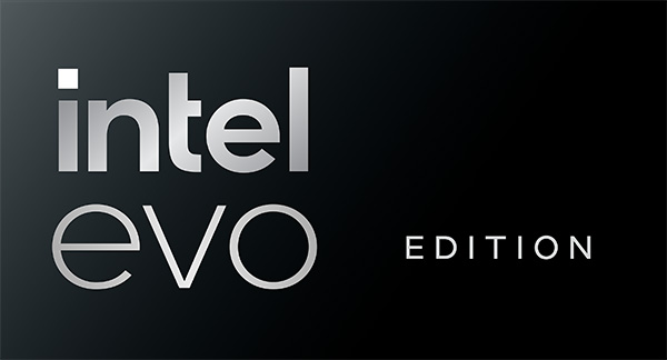 Logotipo Intel Evo Edition en plata sobre fondo negro.