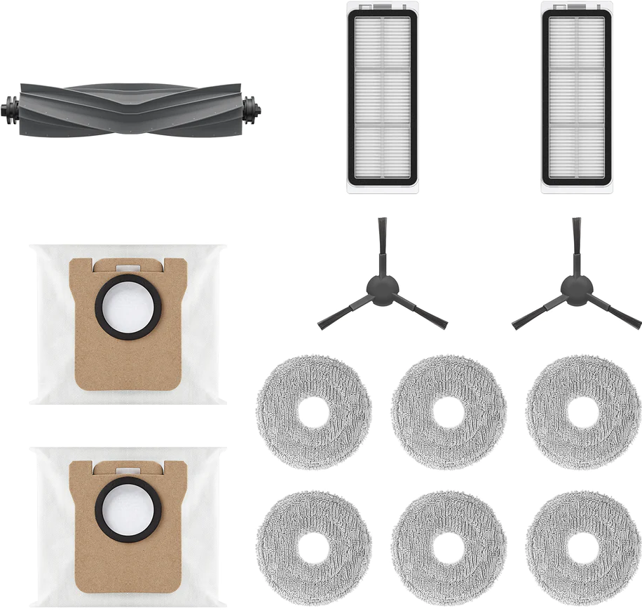 Ein Set von Roboter-Staubsauger-Teilen: Bürste, Filter, Staubbeutel und Reinigungspads.