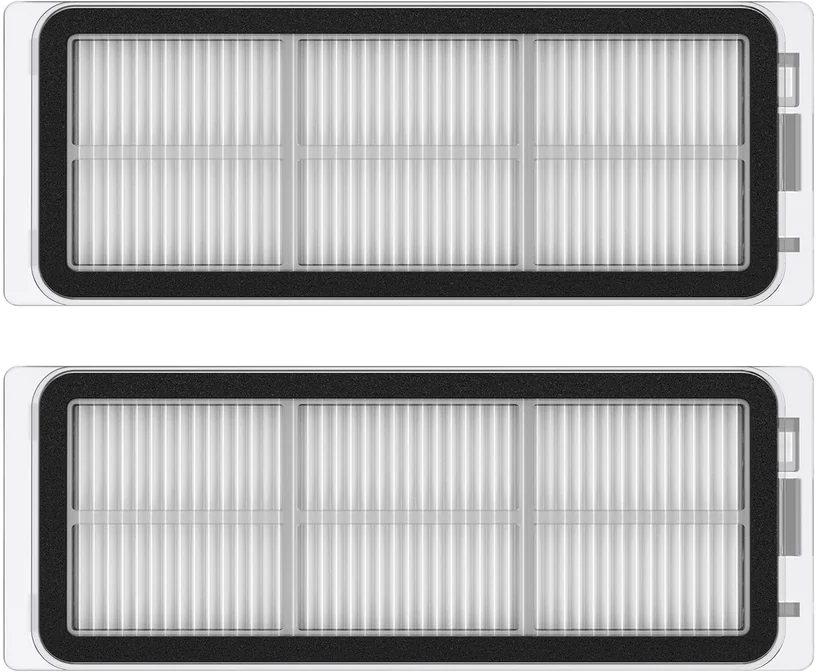 Zwei weiße, rechteckige Filter mit schwarzen Rändern, wahrscheinlich für einen Staubsauger.