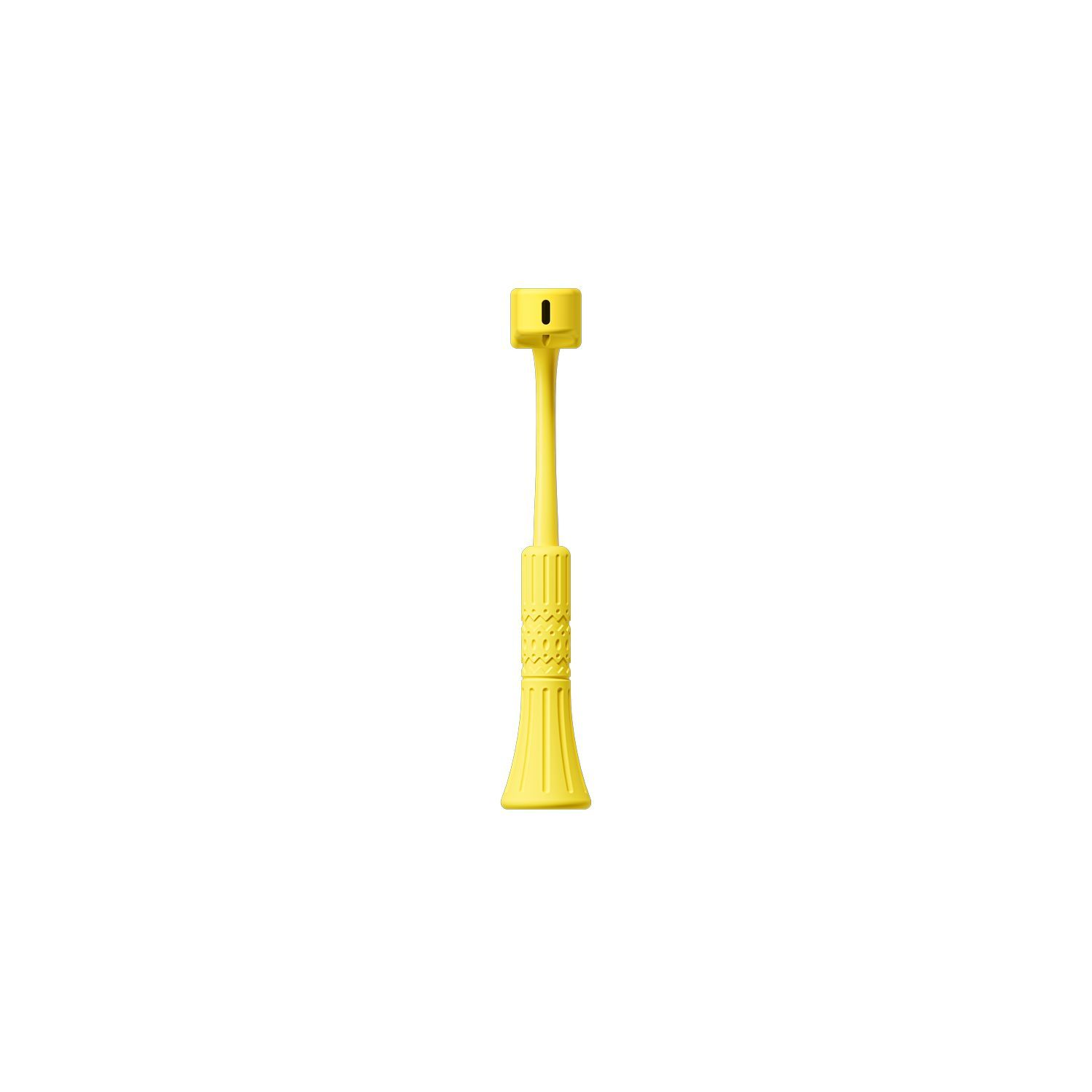 Yellow, long, slender tool with a patterned handle, and square top.