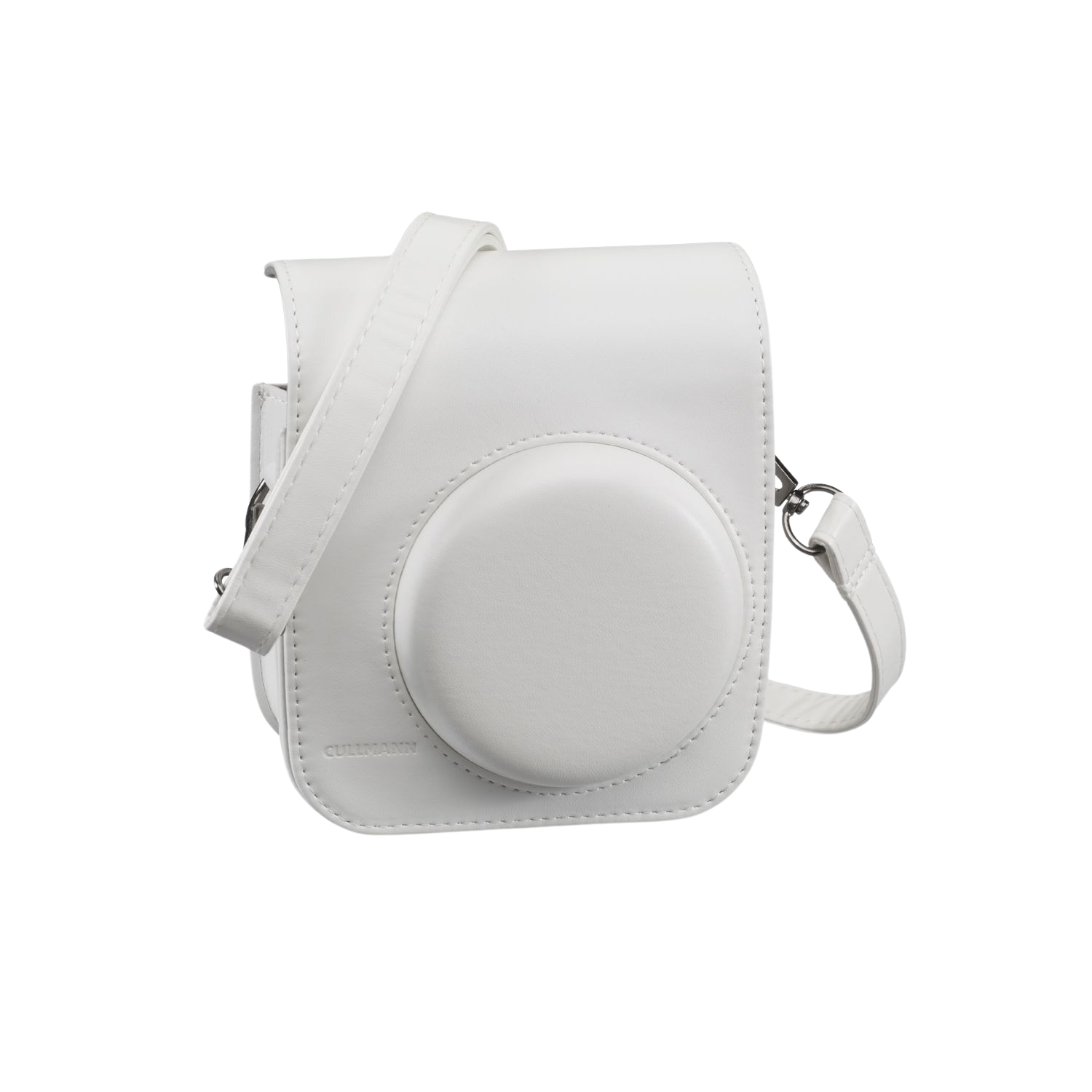 Witte camerahoes met een riem. Ronde voorkant. CULLMANN logo zichtbaar.