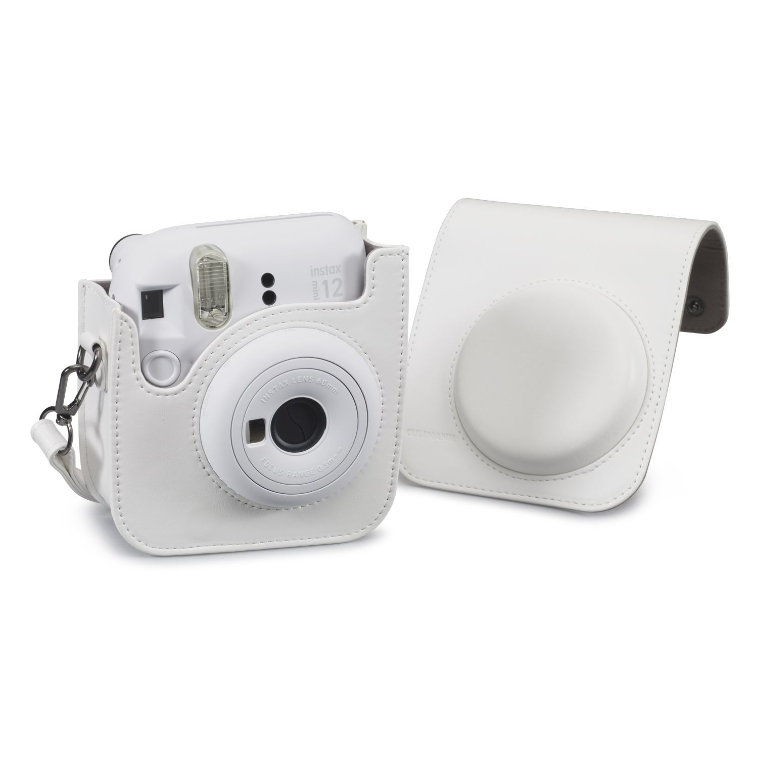 Witte Instax 12 camera in een witte hoes, met de hoes open aan de zijkant.