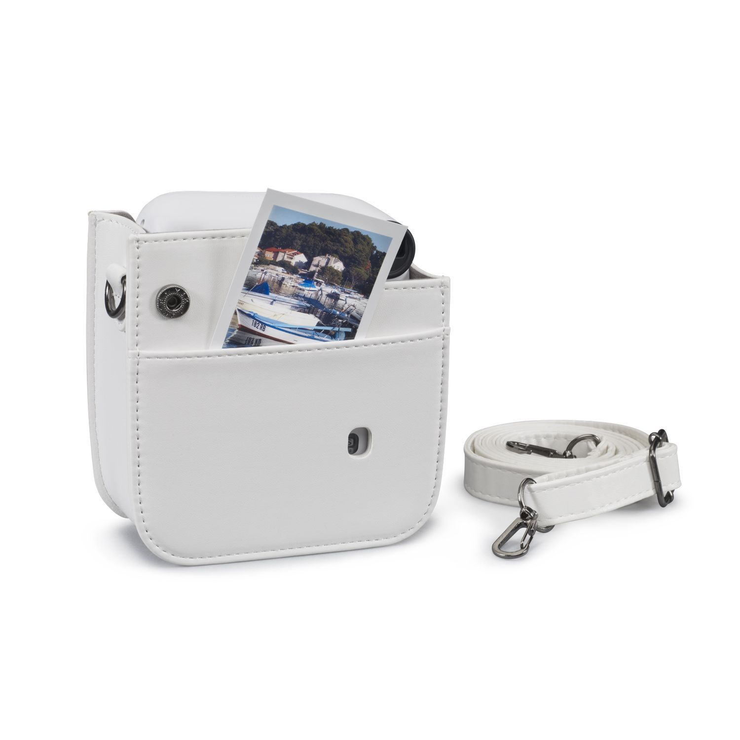 Witte camerahoes met foto en witte riem.