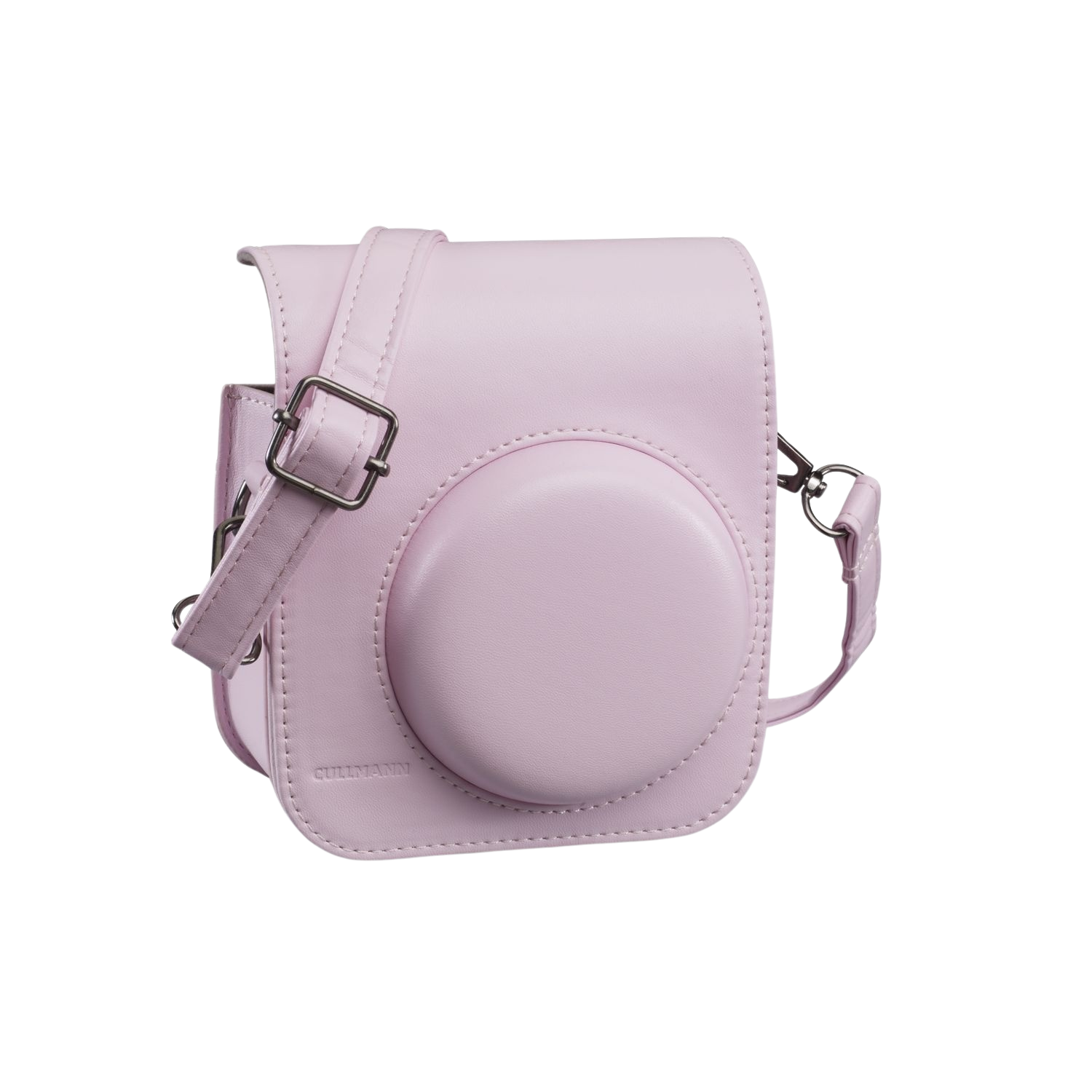 Roze Instax camerahoes met een riem. Het heeft een rond camera gebied en een zilveren gesp.