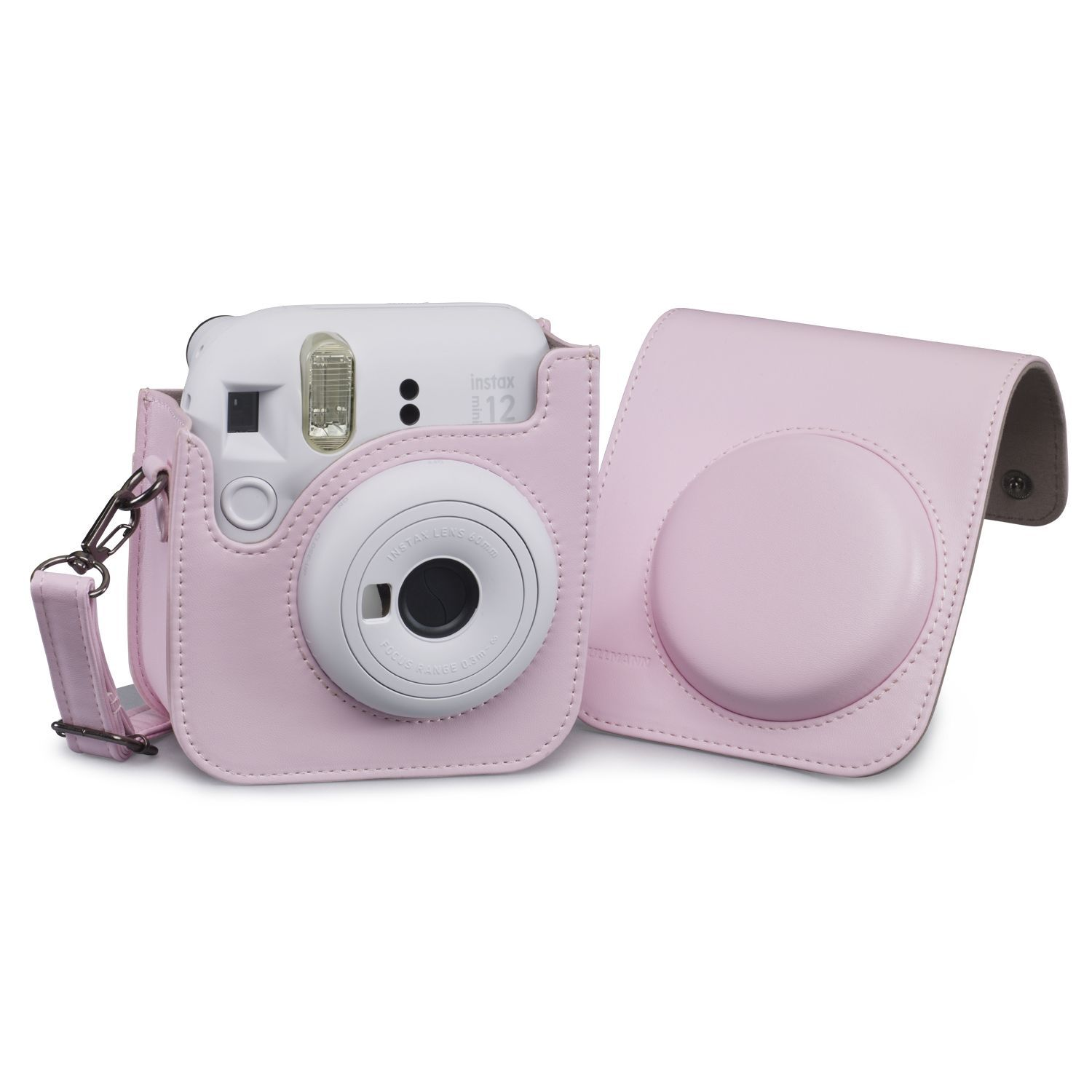 Een roze Instax 12 camera in een roze hoesje met een roze riem, en een apart roze hoesje.