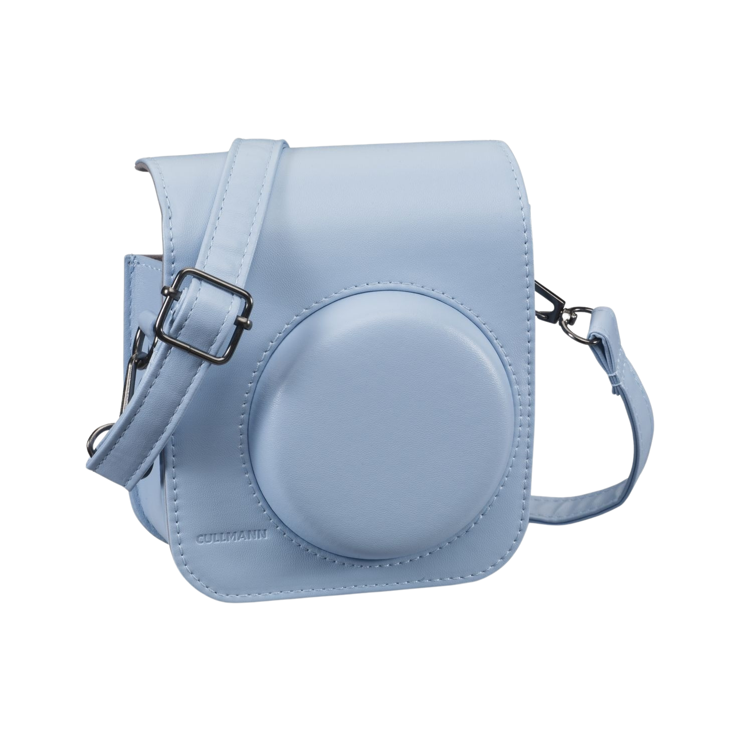 Sac photo bleu clair avec design circulaire et bandoulière.