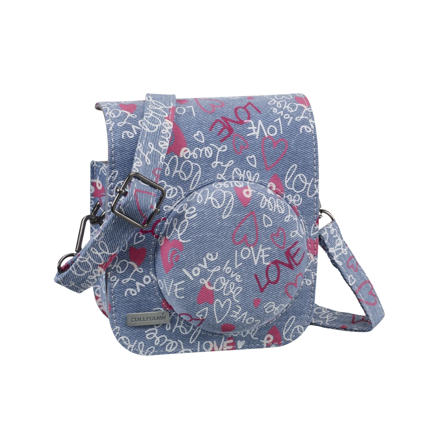 Een denim cameratas met hart- en "Love" patroon. Zilveren gesp en riem.