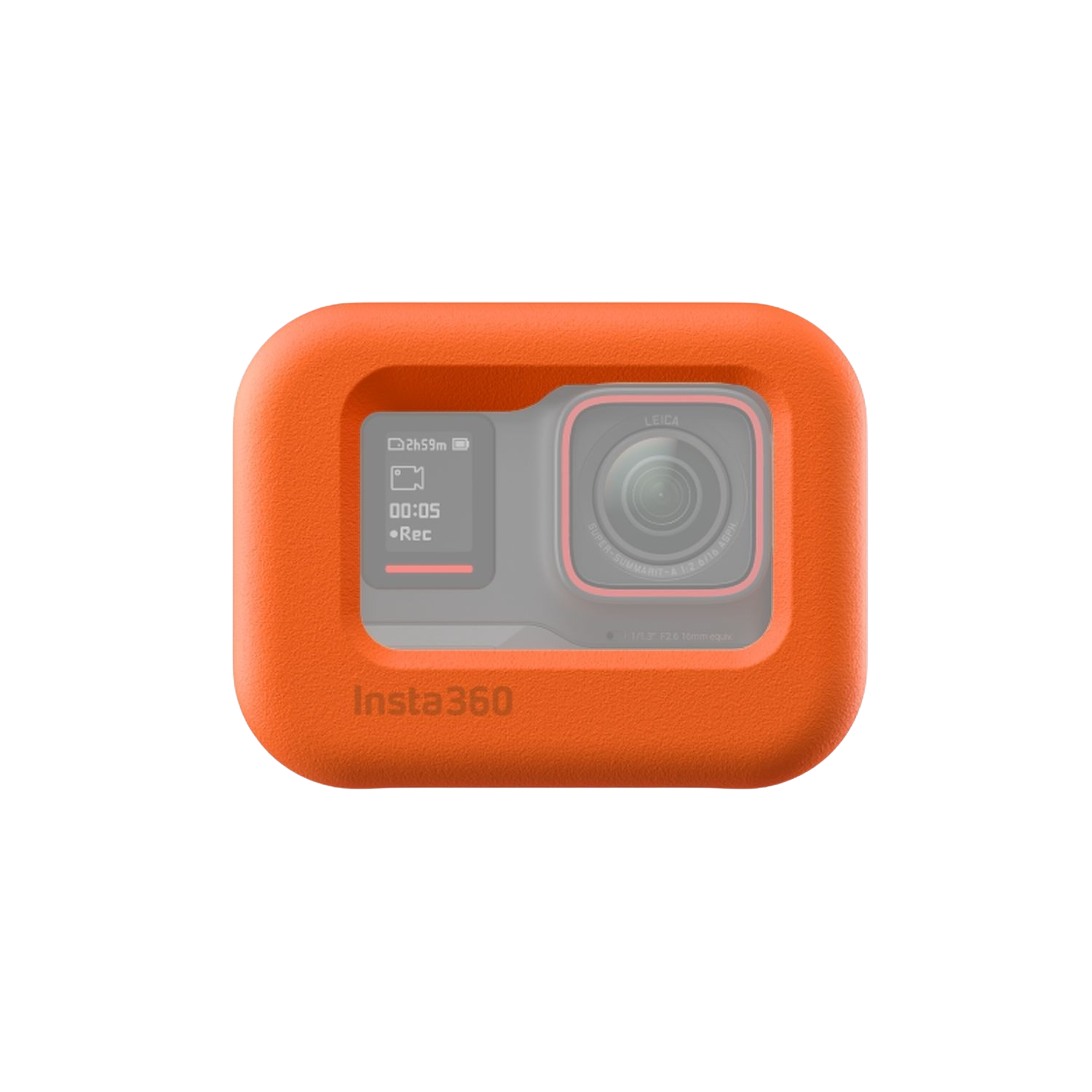 Étui orange pour caméra Insta360 avec la caméra à l'intérieur et l'écran visible. Fond blanc.