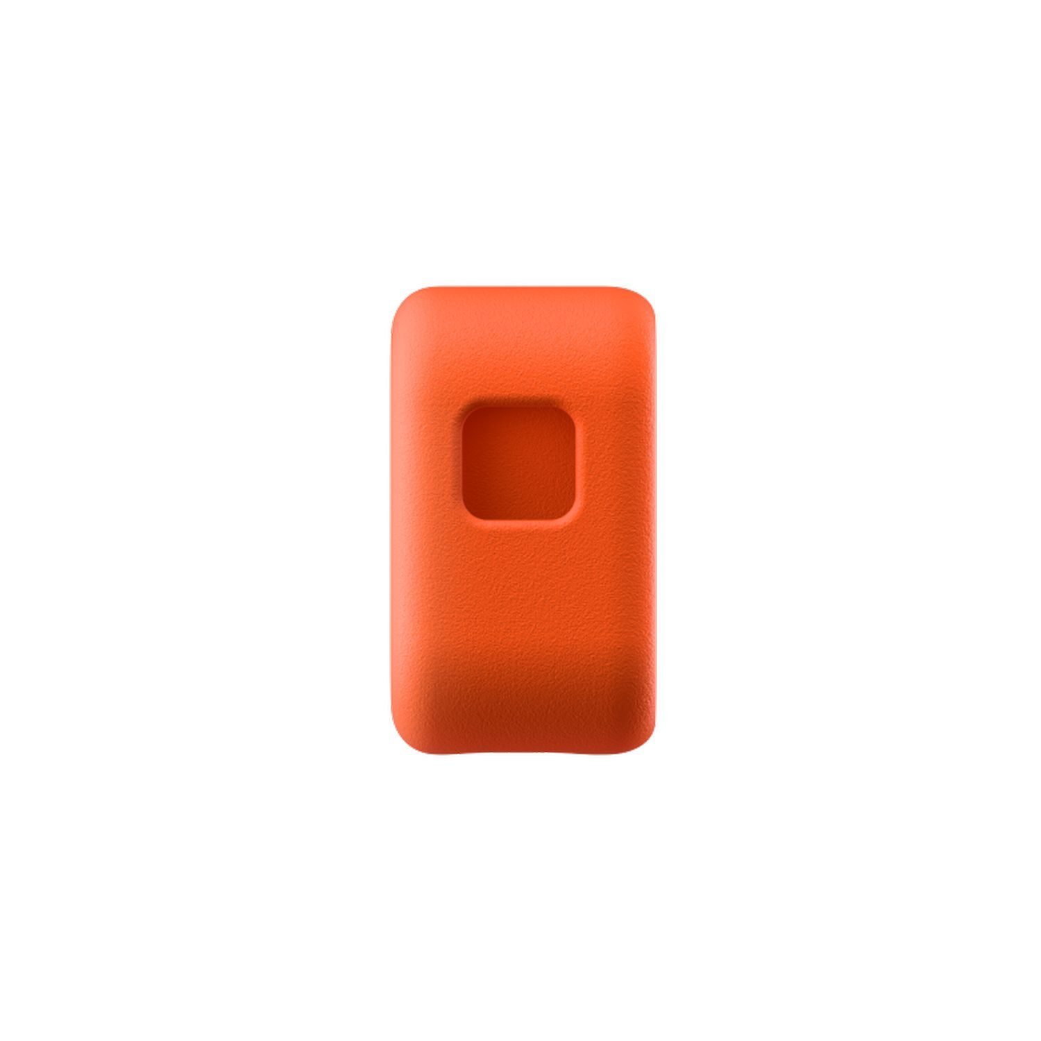 Objet rectangulaire orange avec une indentation carrée, probablement un accessoire.