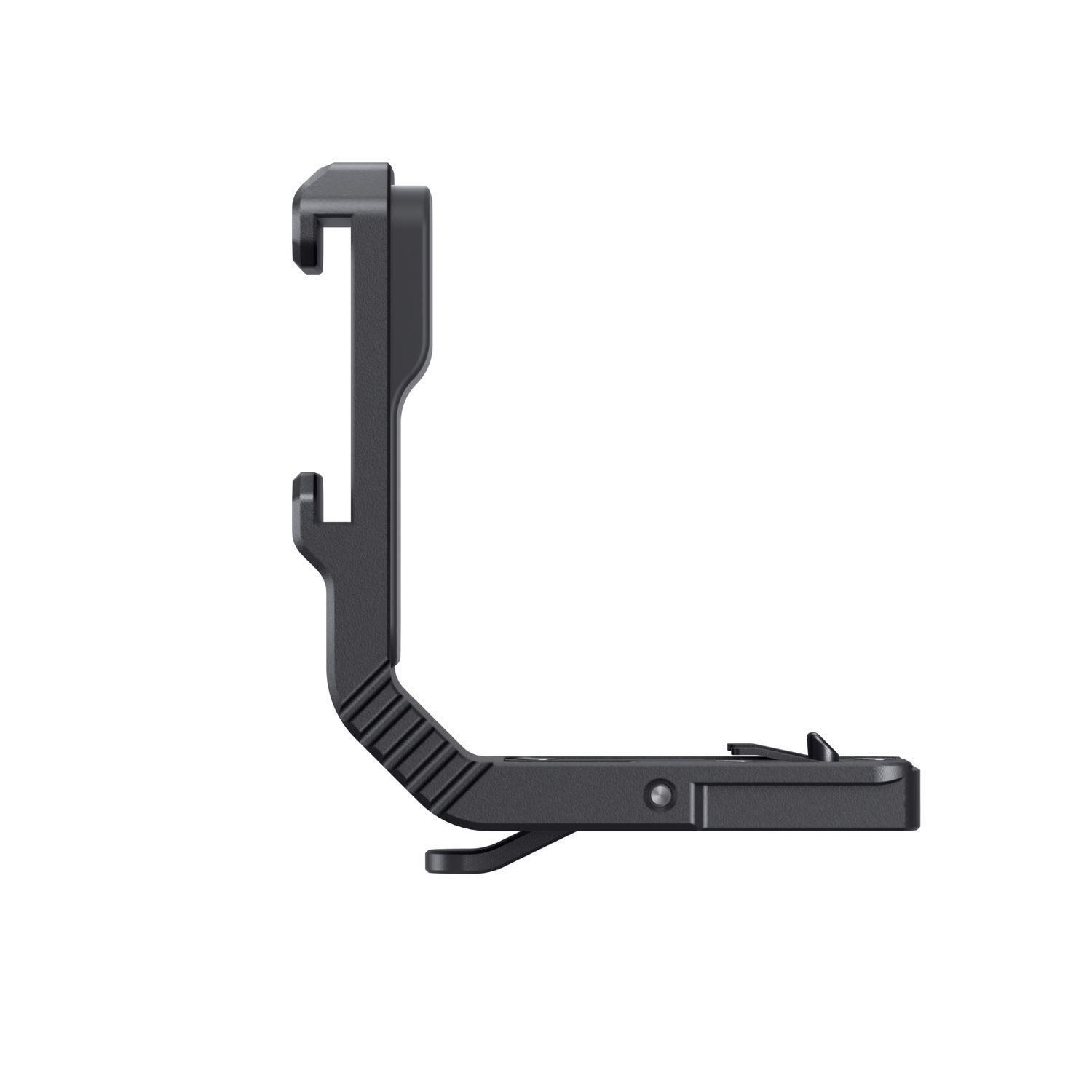 Black L-shaped camera bracket, side view, with mounting parts visible.