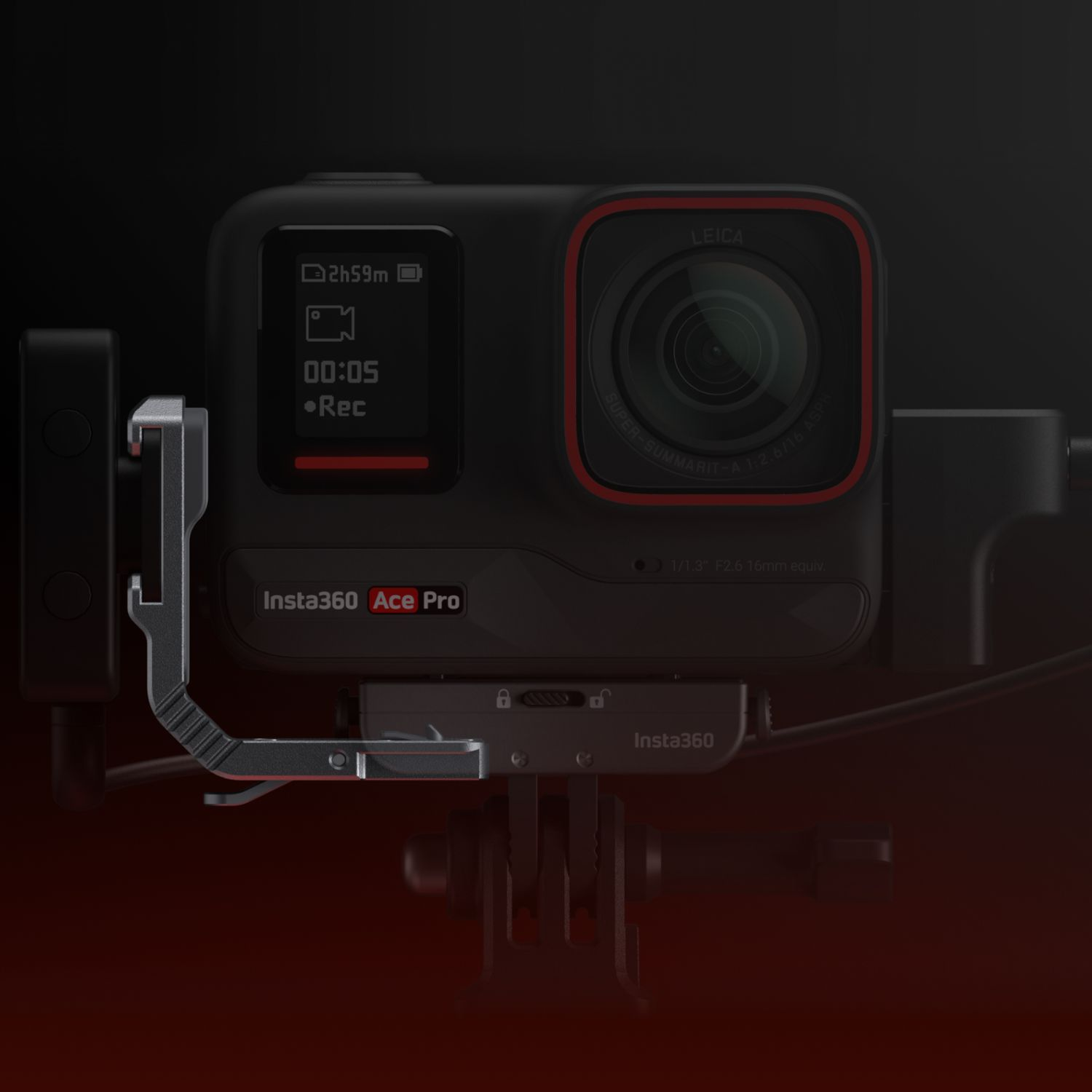 A black Insta360 Ace Pro camera with a red ring around the lens, mounted on a black rig.