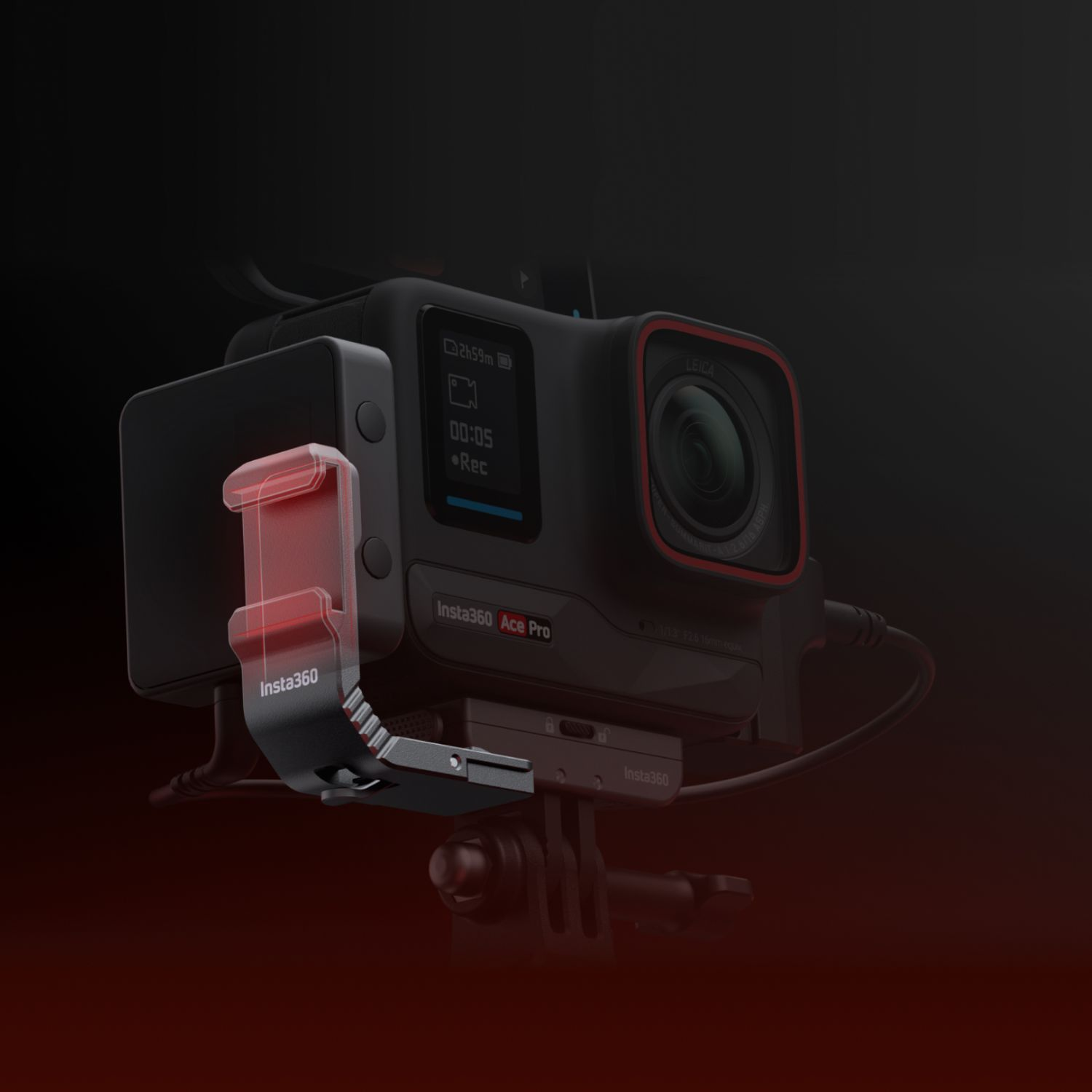 An Insta360 Ace Pro camera with accessories attached, lit with red and black accents.