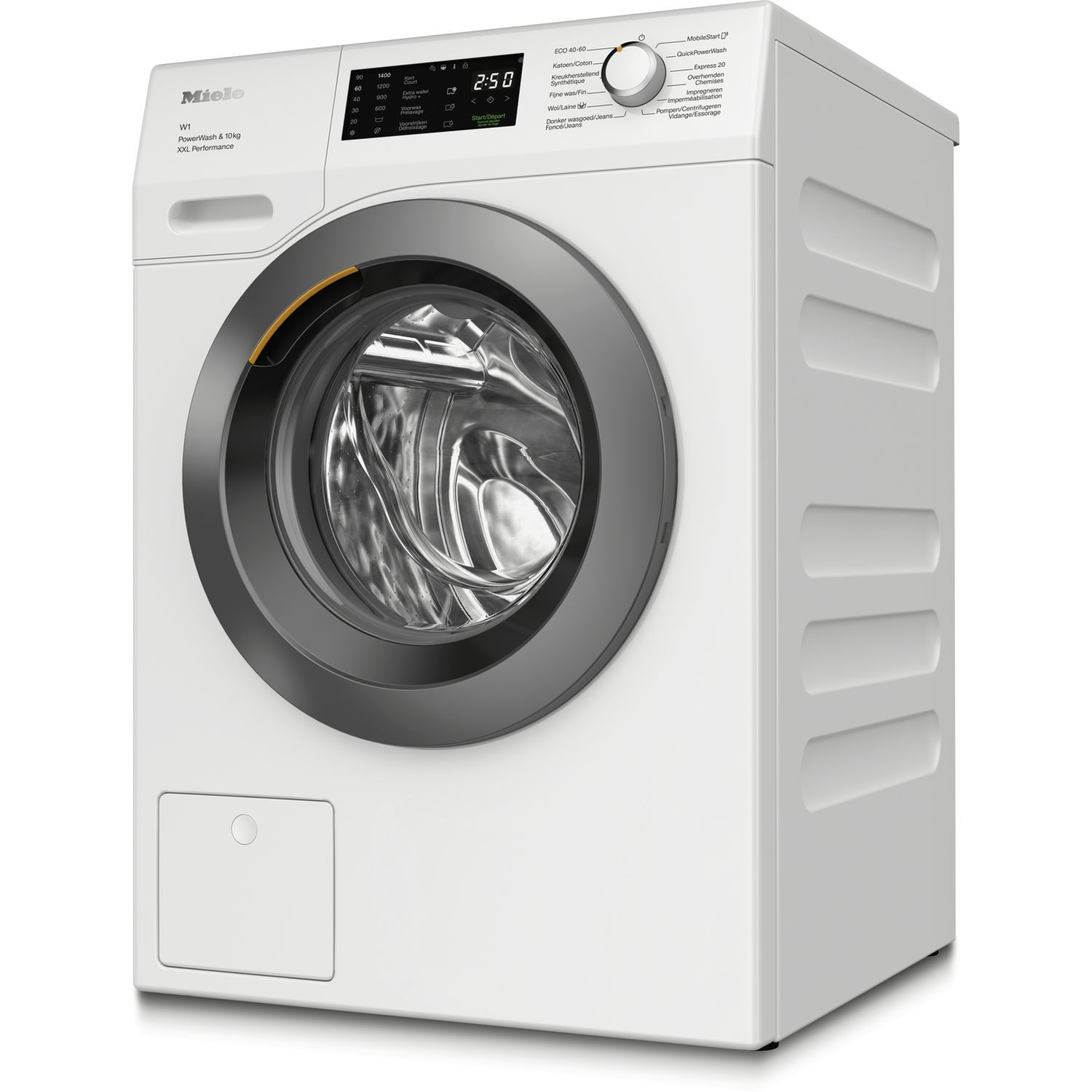 Witte wasmachine met een grijze deurrand.