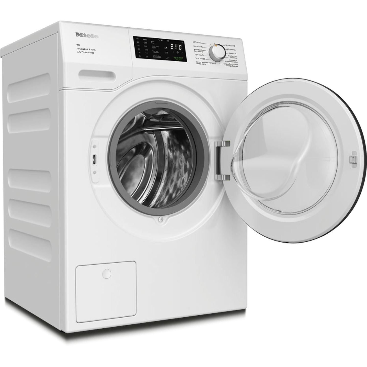 Witte wasmachine met open deur, trommel zichtbaar. Witte achtergrond.