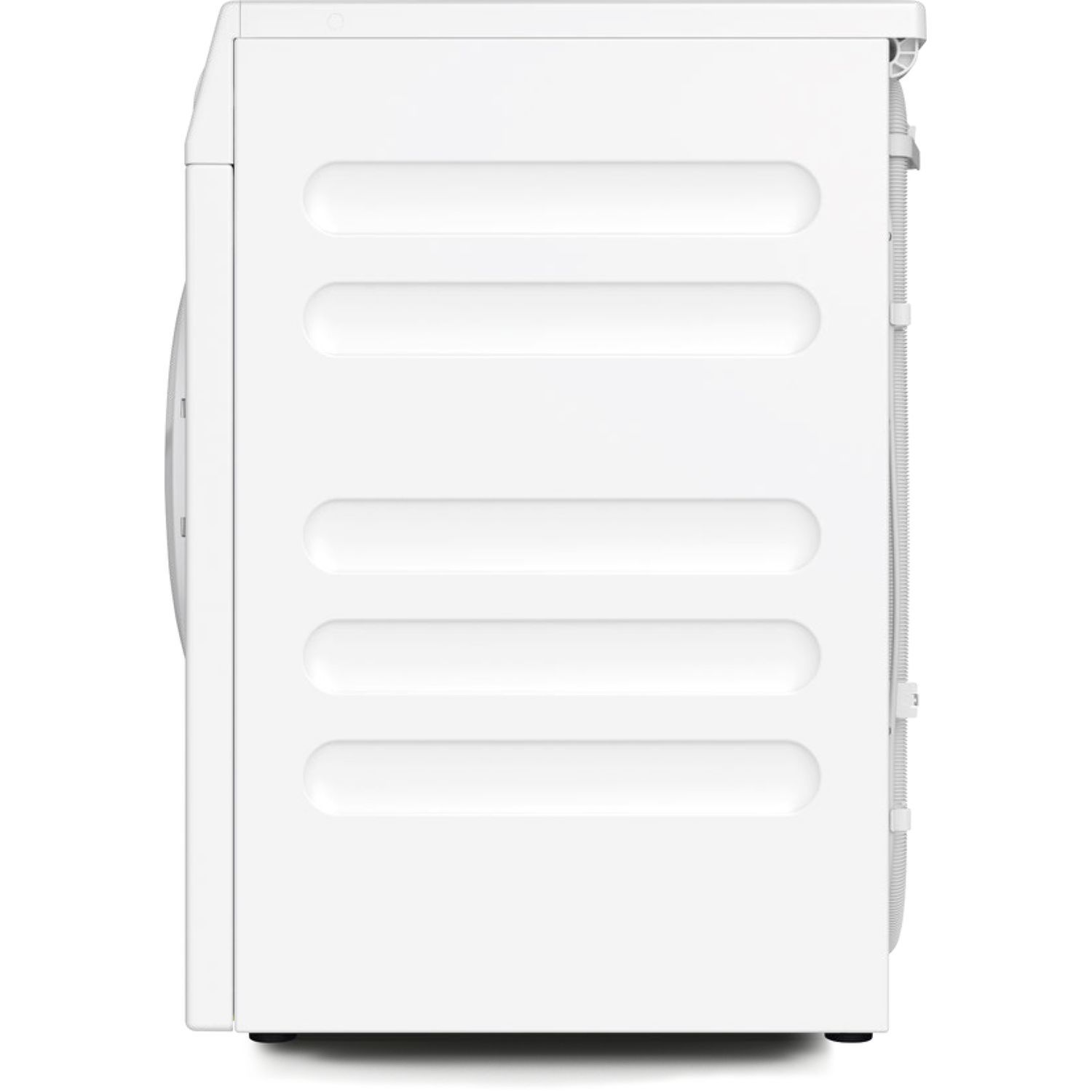 Zijkant van witte wasmachine met horizontale ingekeepte lijnen. Witte achtergrond.