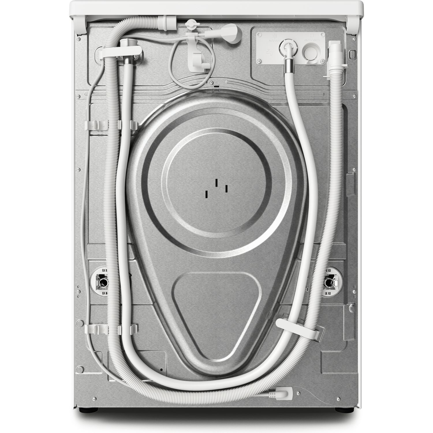 Achterkant van een wasmachine. Zilver met slangen en kabels.
