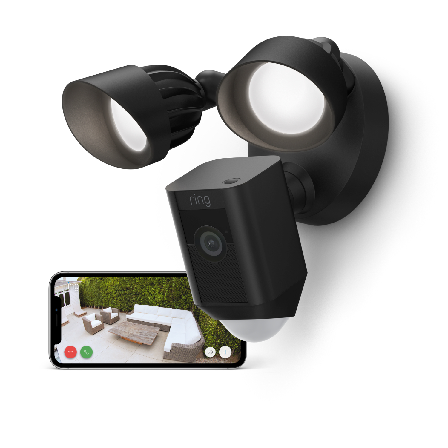 Zwarte Ring beveiligingscamera met lichten en telefoonscherm met een patio.